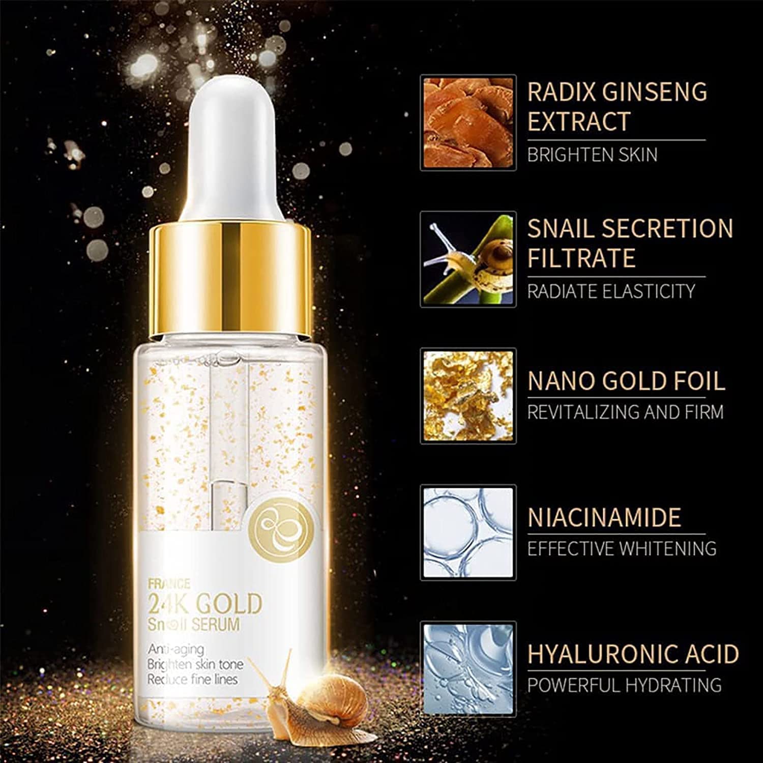 Suero Facial Antienvejecimiento de Oro 24K con Colágeno y Caracol - ¡Reduce arrugas y rejuvenece tu piel!