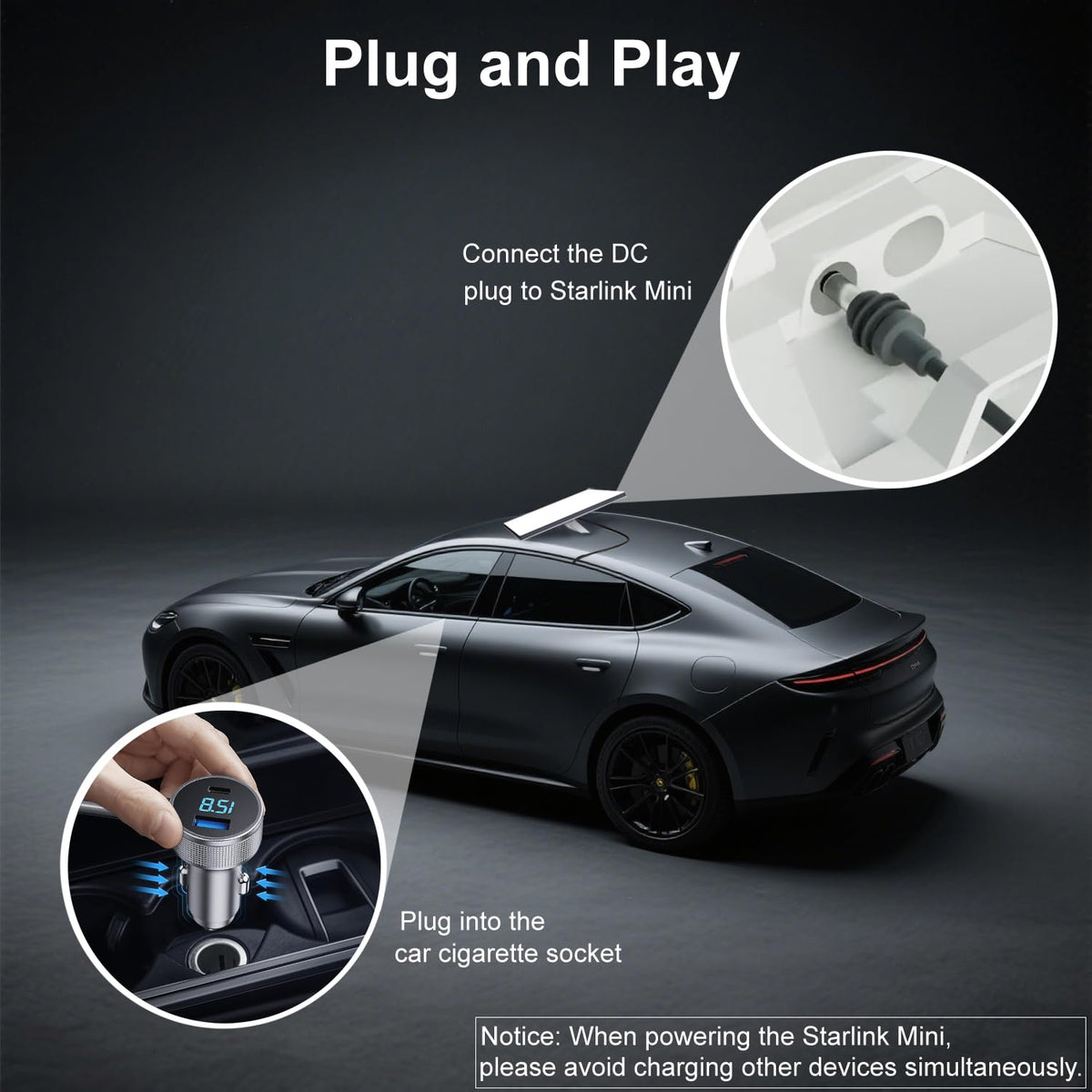 Cable de Alimentación rvicees Negro para Coche Starlink Mini con Pantalla Digital y Puerto US