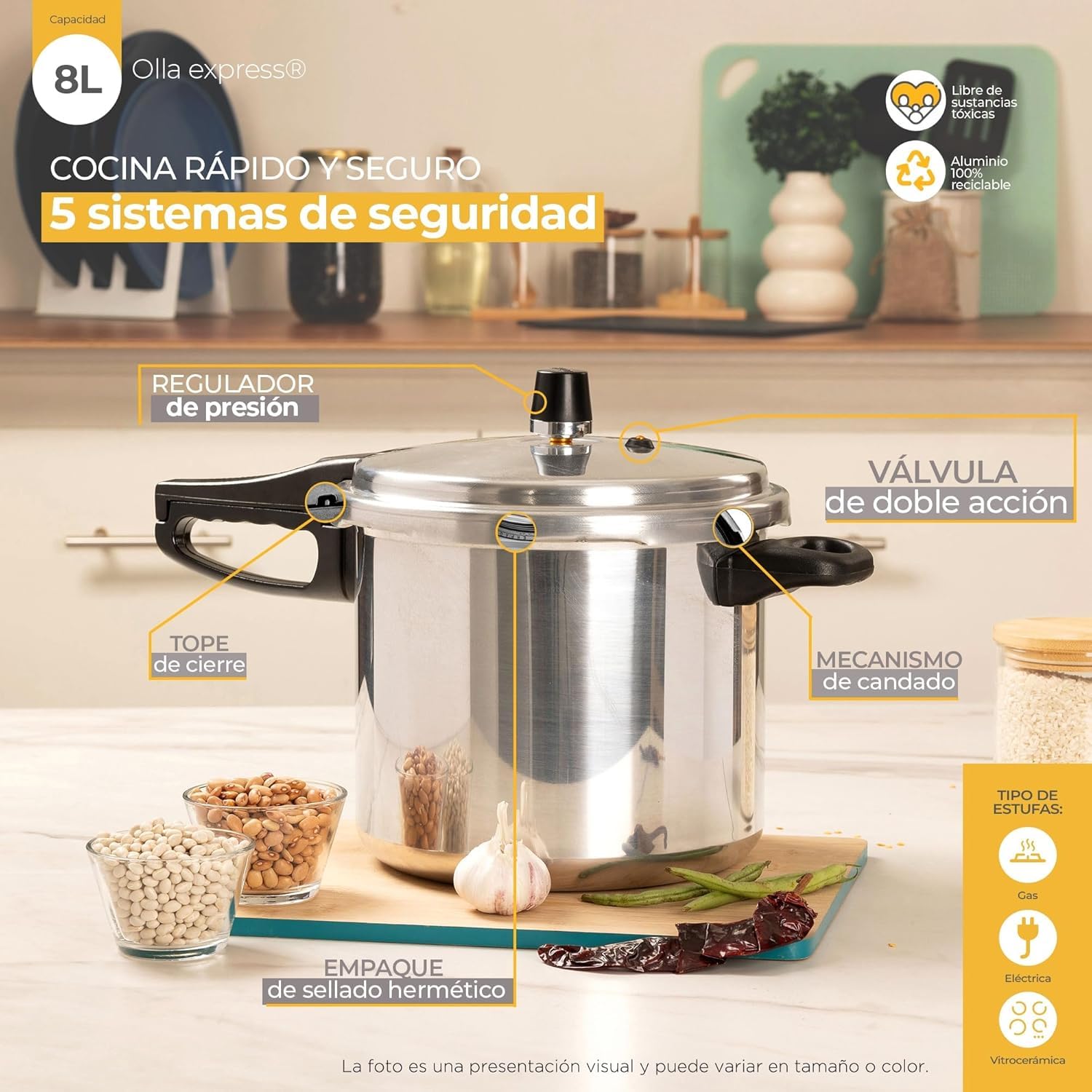 Olla Express Ekco Aluminio Classic 8 Litros con Sistemas de Seguridad