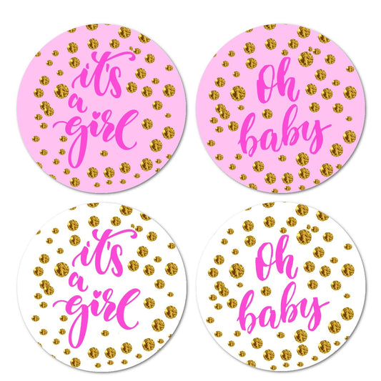 40 pegatinas rosas Oh Baby It's a Girl, etiquetas brillantes redondas grandes de 2 pulgadas, baby shower, ideales para recuerdos de fiesta, etiquetas, juegos y suministros. Fabricado en Estados Unidos