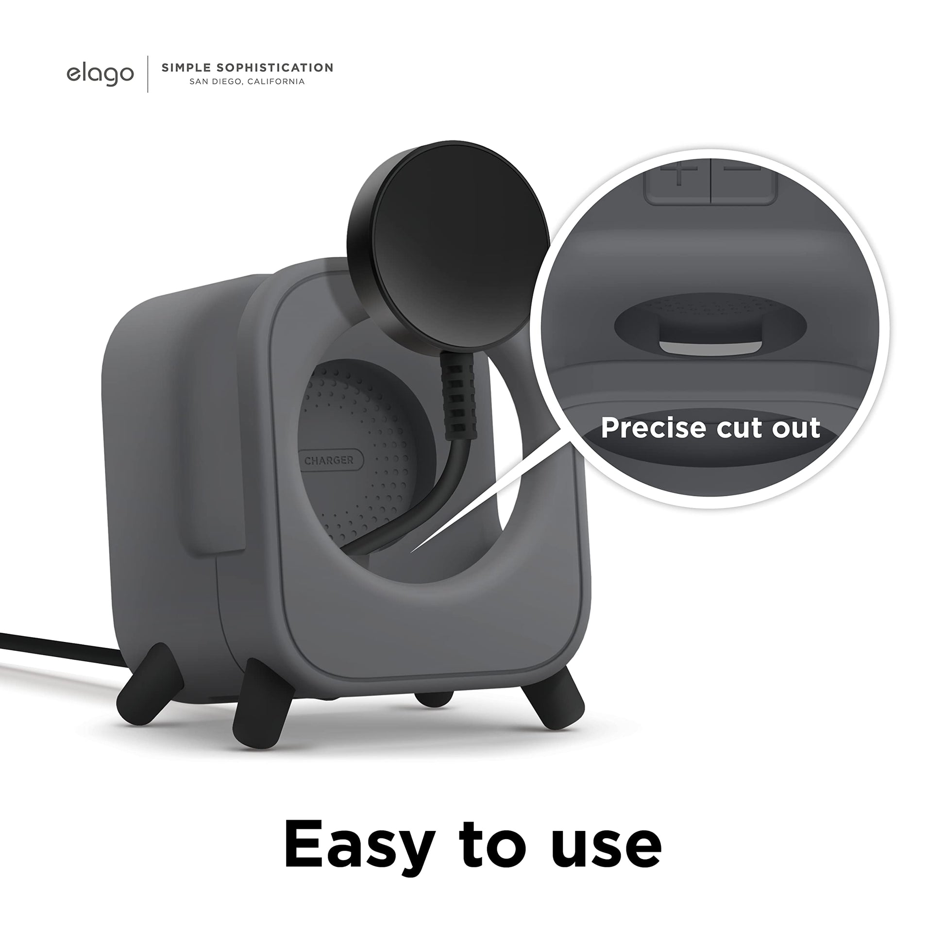elago GWT5 Soporte de Carga Compatible con Samsung Galaxy Watch 8/8 Classic,7/Ultra,6/6 Classic,5/5 Pro [40/43/44/45/47mm], Diseño de Altavoz Clásico, Modo Nocturno [Cable No Incluido] (Gris Oscuro)