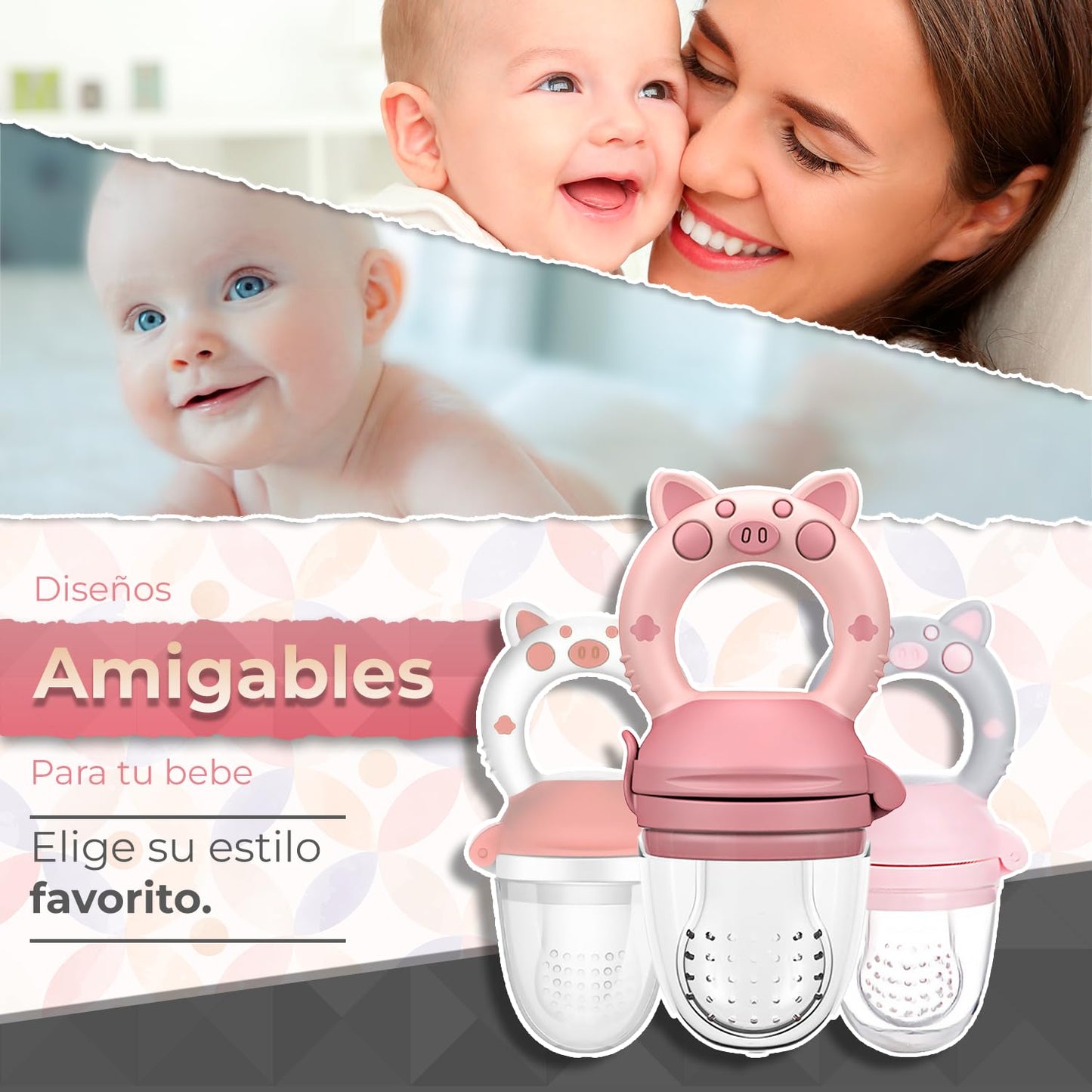 Chupones alimentadores para frutas y papillas con tapa libre de bpa, dibujos animados, 4m+ 3 piezas (pig rosa / pig rosa gris / pig blanco rosa)