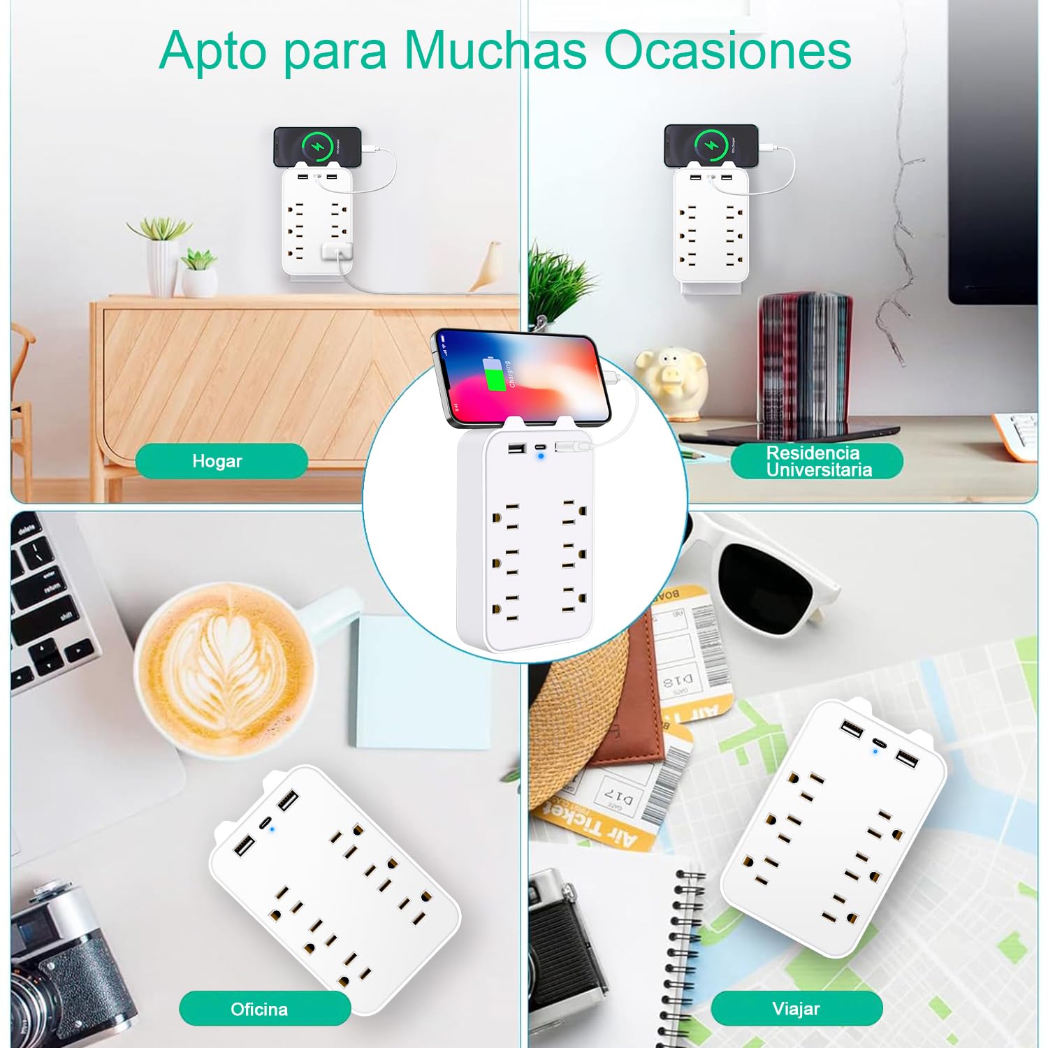 Multicontacto de Pared, Protector de Sobretensión de Pared con Extensor de 6 Tomas con 3 Puertos USB (1 USB-C), Regleta Multicontacto Extensiones Eléctricas Enchufe de pared para Oficina Casa