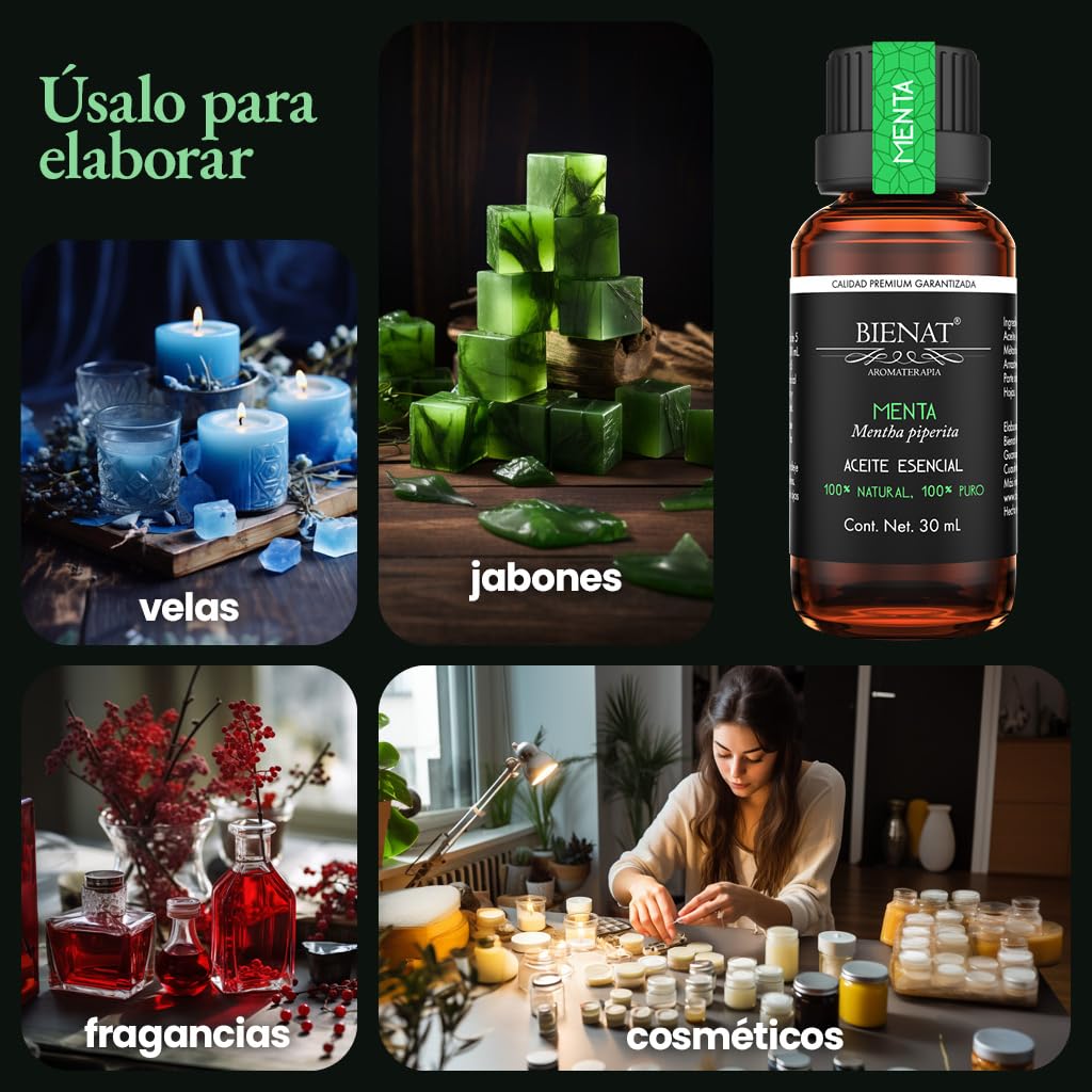 BIENAT AROMATERAPIA Aceite Esencial de Menta 30mL | 100% Puro y Concentrado | Ideal para Difusor de Aromas, Humidificador, Aromaterapia, Masajes, Meditación, Jabones y Velas | Esencia Natural en Gotas