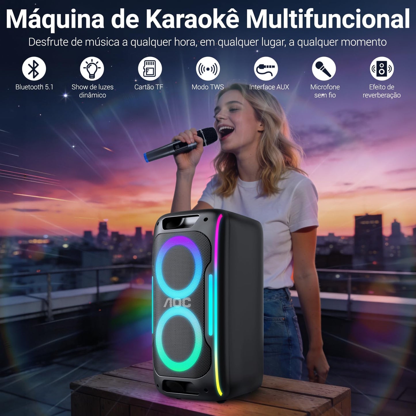 AOC ACS3221 Altavoz inalámbrico para Fiestas en Interiores y Exteriores de 55 cm con subwoofer 3600mAh 50W, Altavoz Amplificador RGB Recargable Profesional, Fiesta USB/TF/AUX/Mic/TWS/FM/BT