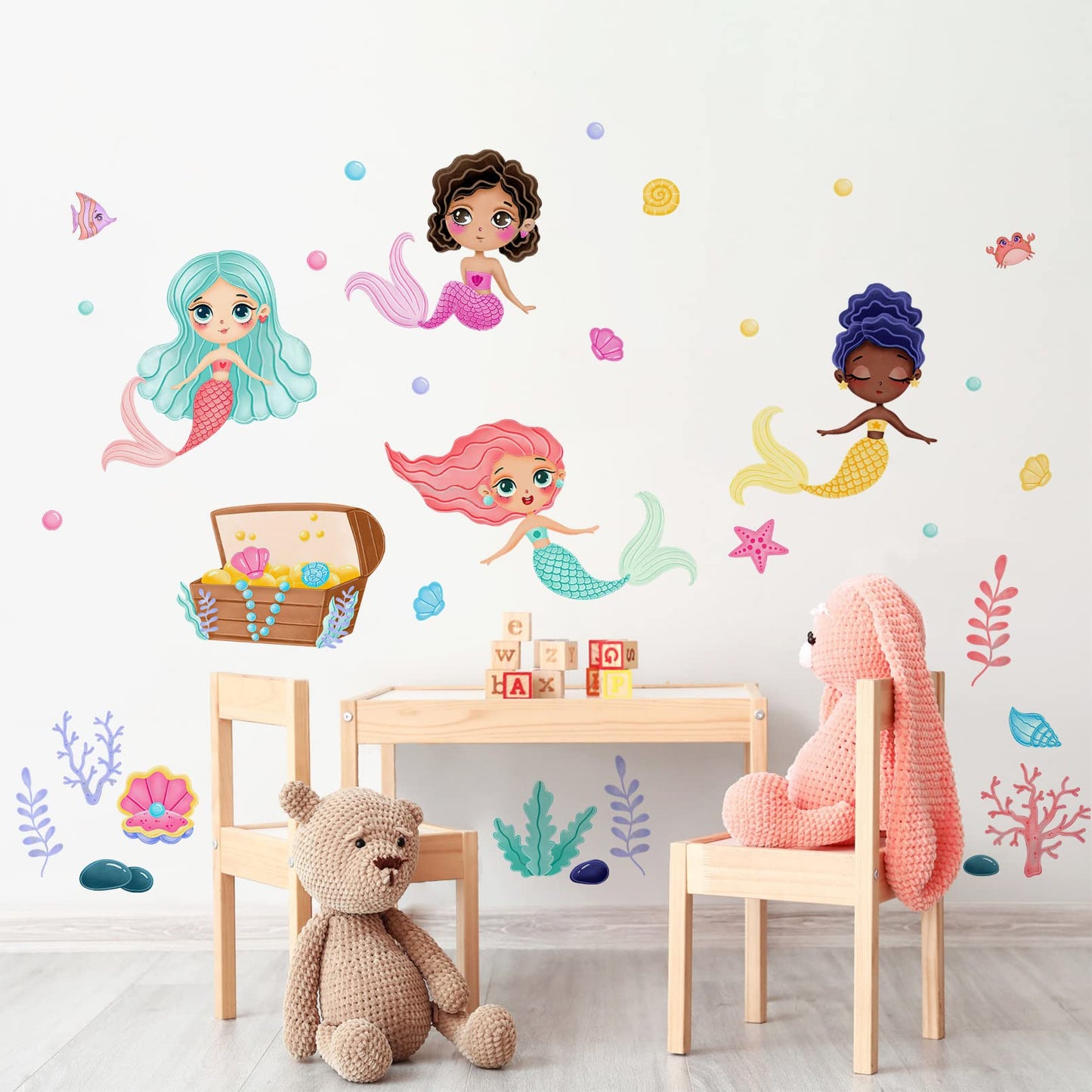 Mfault - Calcomanías de pared de sirena negra bajo el mar, multiculturales criaturas del océano, decoración del cuarto de bebé, arte de sala de juegos, playa costera, burbuja, habitación de niños, cuarto de baño, decoración del hogar