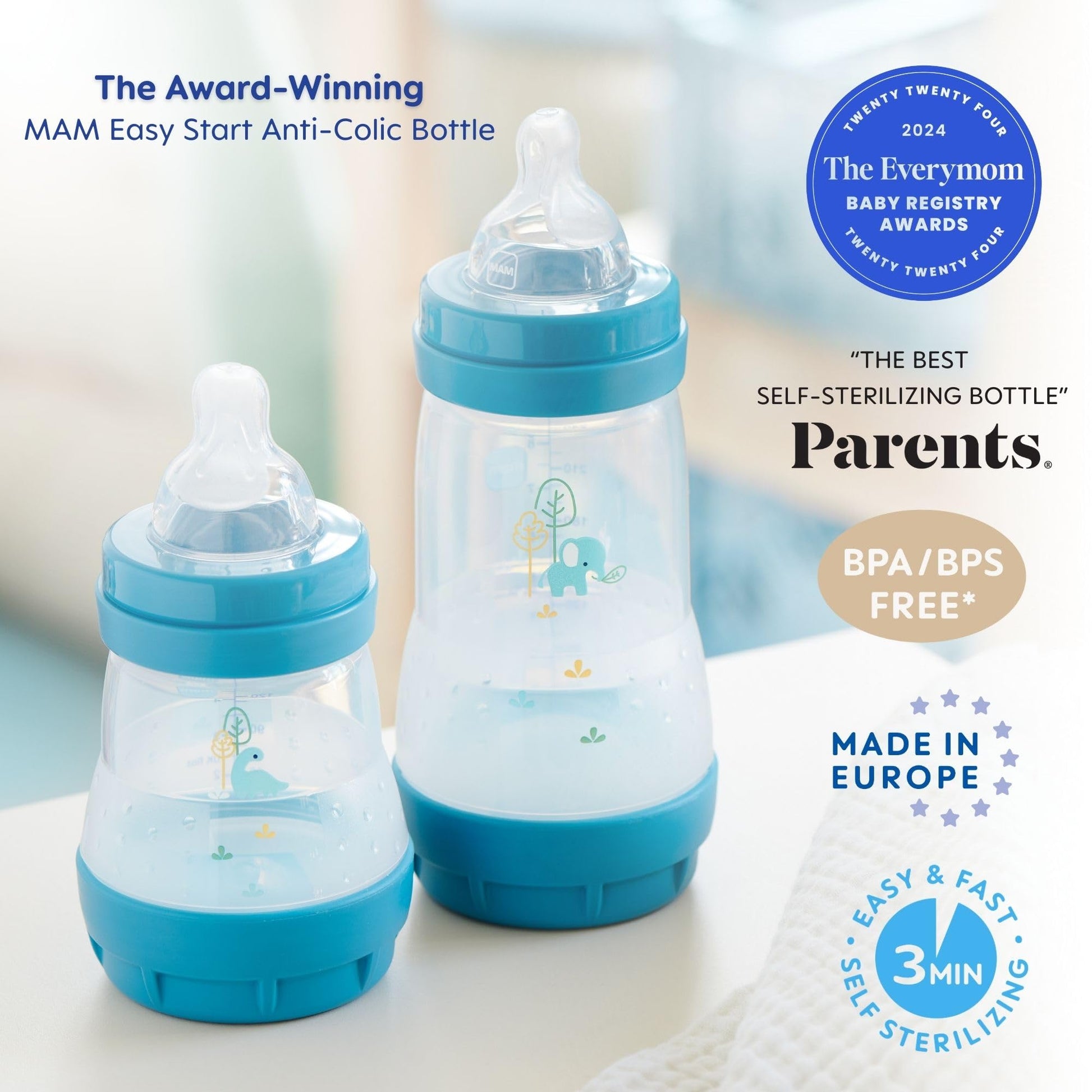 MAM Easy Start botella anticólicos, de 25 onzas (1 unidad), esenciales para bebés, botellas de flujo medio con pezón de silicona, biberones unisex para bebés, color blanco