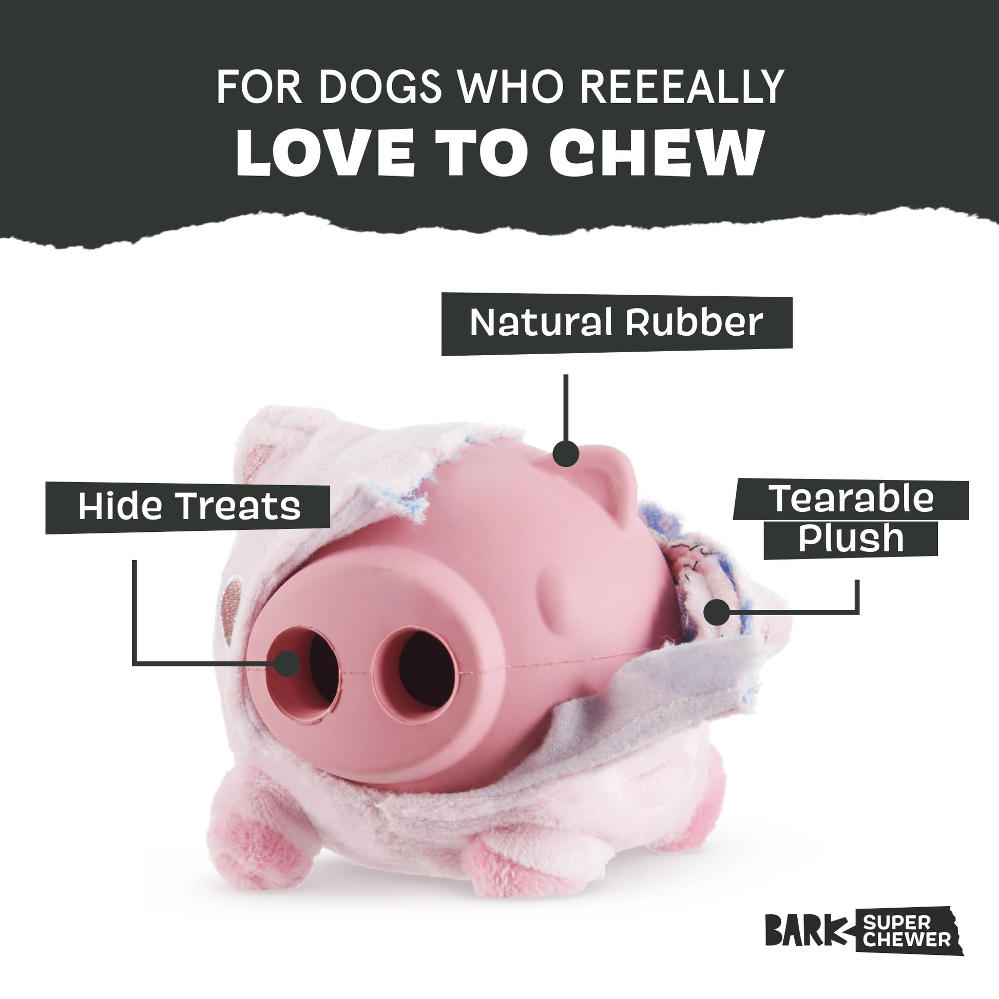 Barkbox Hambone Super Chewer - Juguete masticable duro para masticadores agresivos, cubierta de felpa con núcleo de goma - 2 juguetes en 1 - Juguete dispensador de dos capas para perros grandes