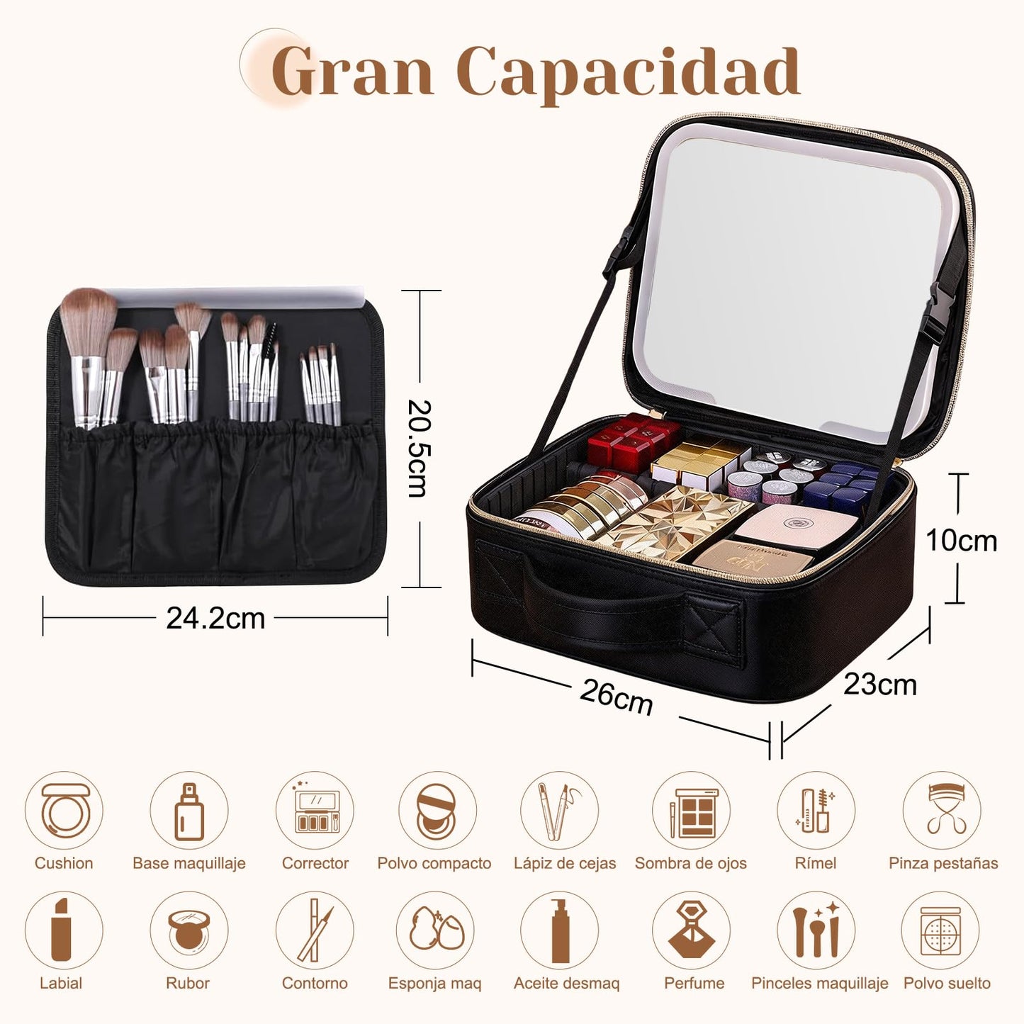 Cosmetiquera para Maquillaje con Espejo y Luz, 6 Divisores Ajustables-Beige