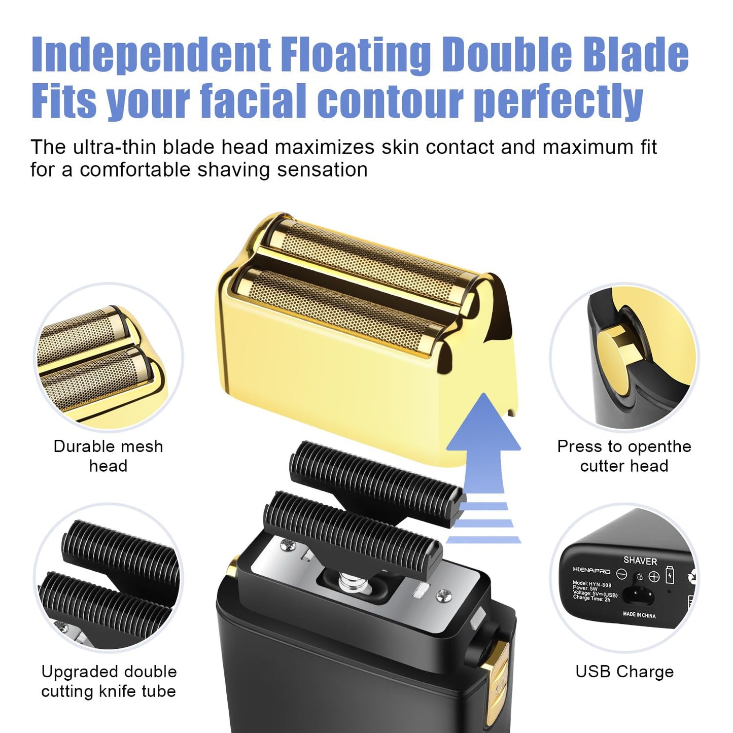 HIENA PRO Afeitadora de Lámina para Hombre Barbero, Doble Cortadora Eléctrica de Lámina, Maquinilla de Afeitar Eléctrica Profesional, Afeitadora Cerrada, Recargable Inalámbrica Con Usb, Oro Negro
