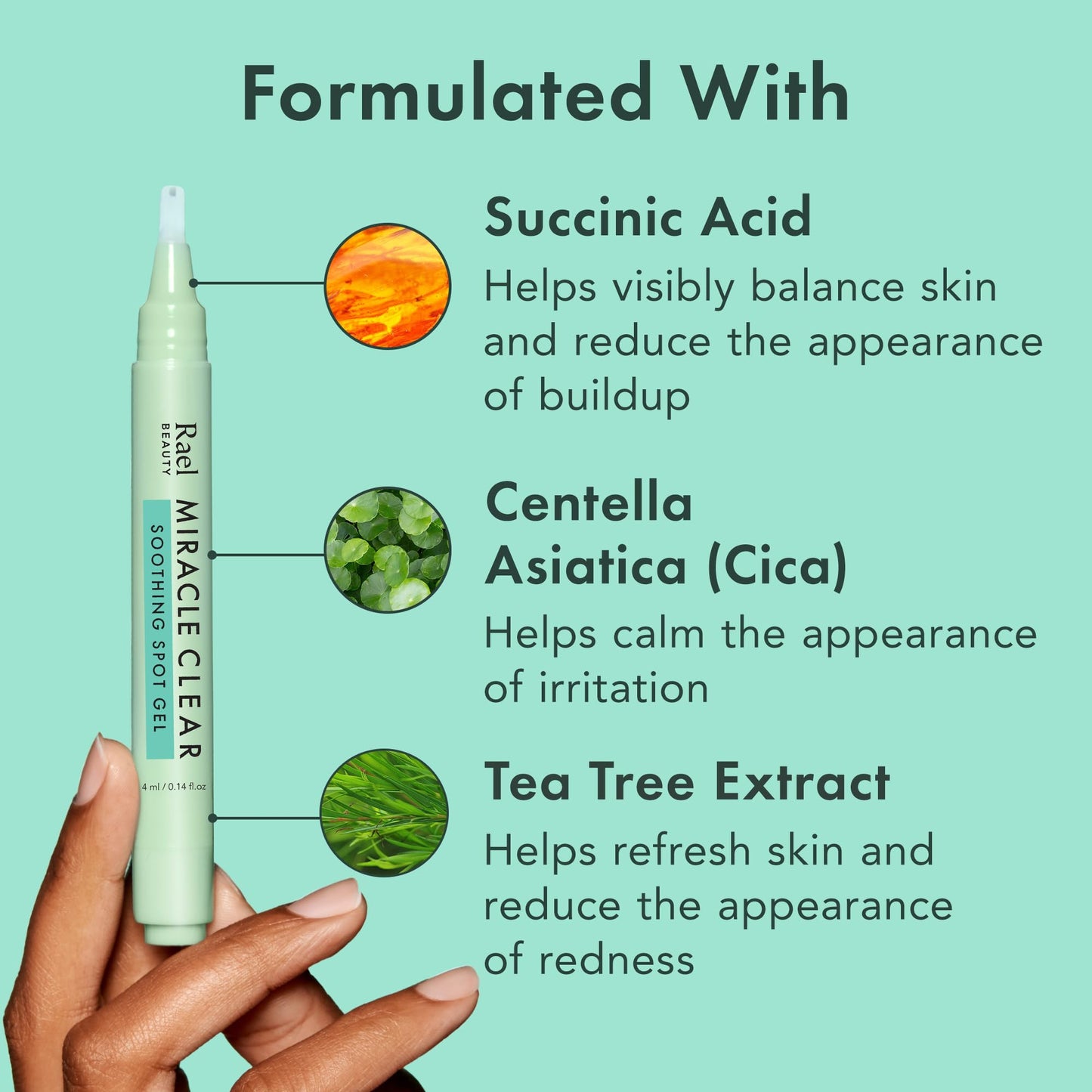 Rael- REDUCE LOS GRANOS: gel transparente de acción rápida con ácido succínico que combate el acné subterráneo y activo.