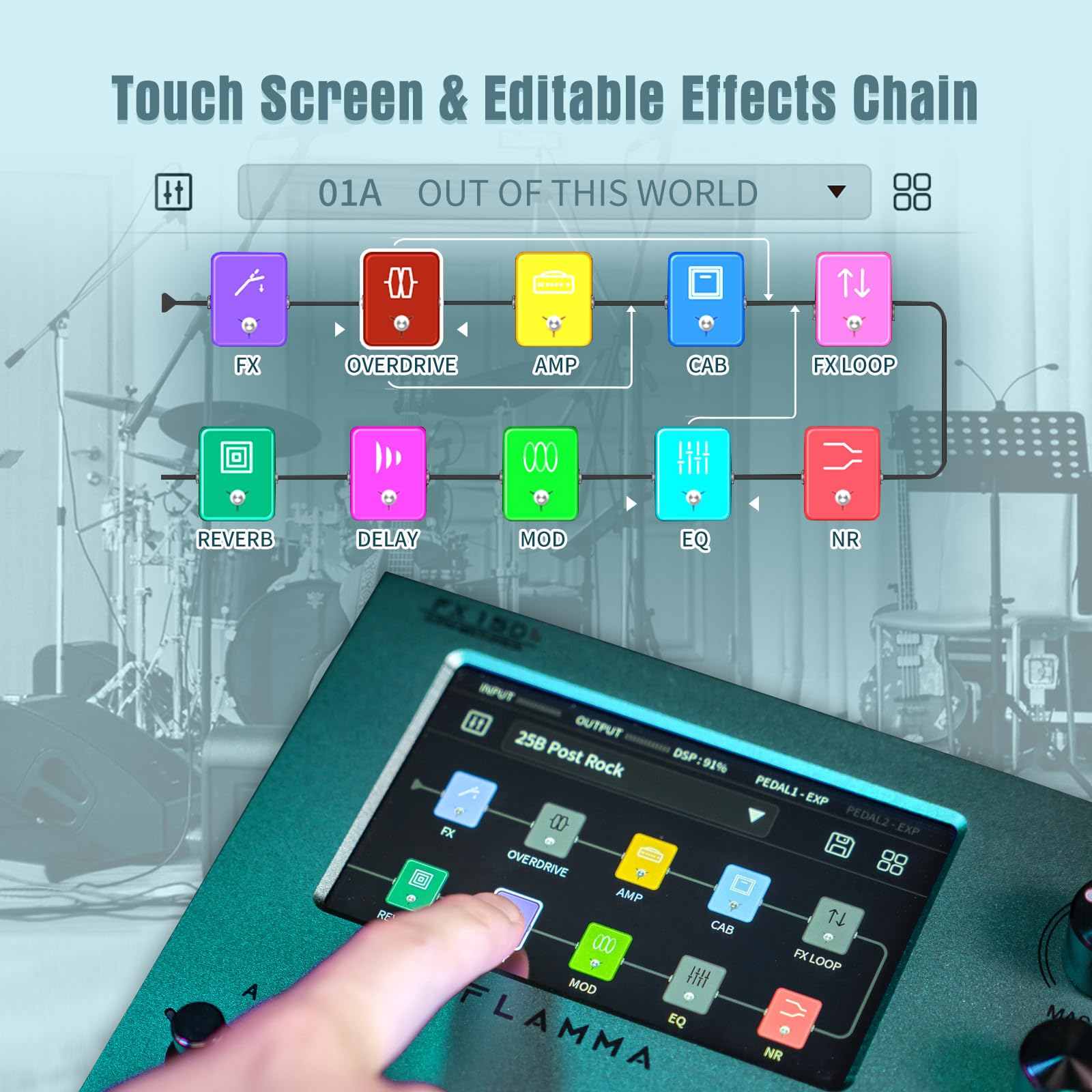 Pedal Multiefectos Flamma FX150B Negro con Visualización Táctil y Batería Integrada para Guitarra Eléctrica