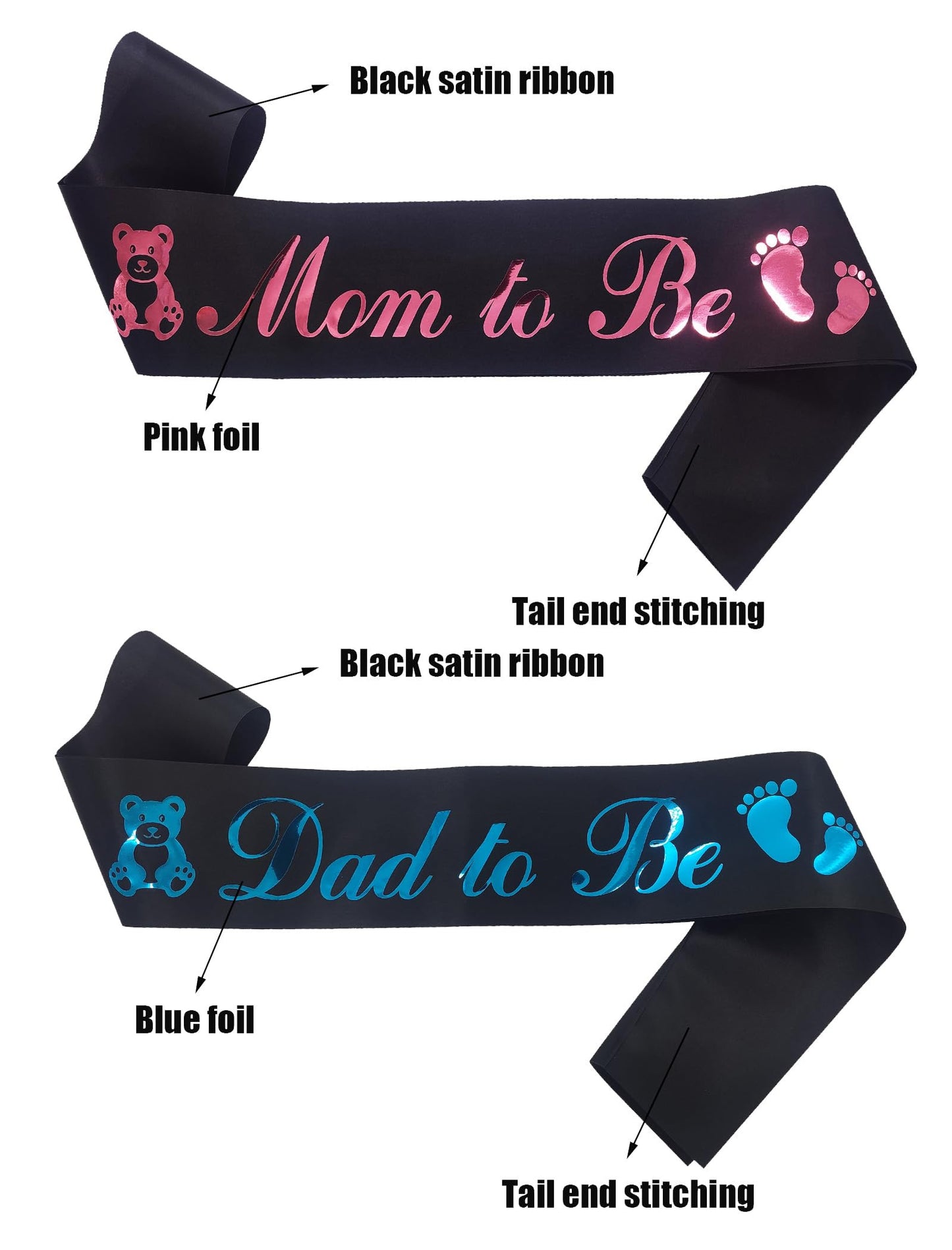 Juego de 2 bandas para mamá a ser y papá para ser sash, satén negro con letras doradas y azules, suministros de decoración de baby shower para regalos de madre padre, fiesta de revelación de género