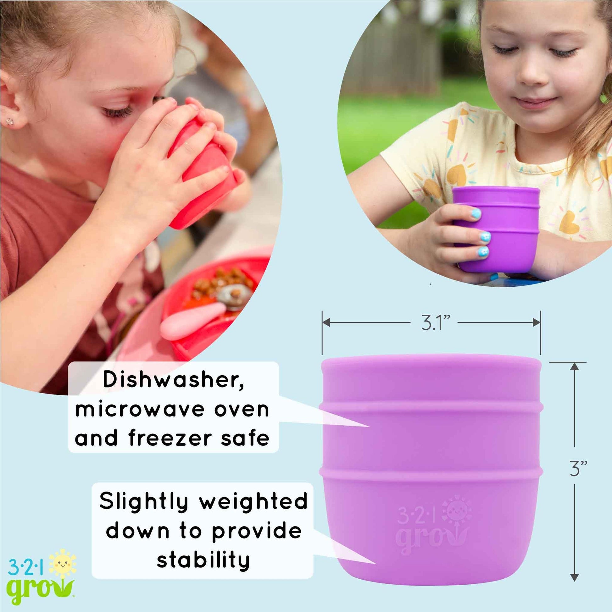 321 Grow • Juego de tazas Drink with Me • Taza abierta de silicona para bebés, niños pequeños • 6 meses • 8 onzas • Apto para lavaplatos y microondas • Juego de 2 tazas (sandía)