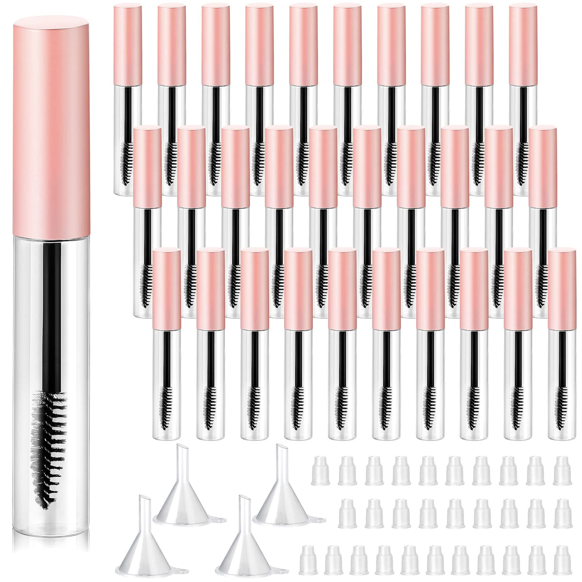 30 tubos vacíos de rímel de 10 ml para pestañas, botellas transparentes rellenables, contenedor de crema con 4 embudos transparentes para transferir aceite de ricino para cosméticos de bricolaje (rosa)