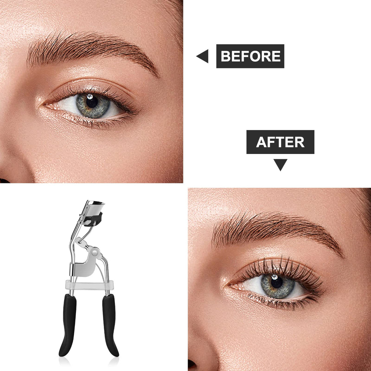 Zowor Rizador de pestañas con peine que se adapta a todas las formas de ojos, rizador de pestañas curvado, natural y de larga duración para mujer, regalo de maquillaje (negro)