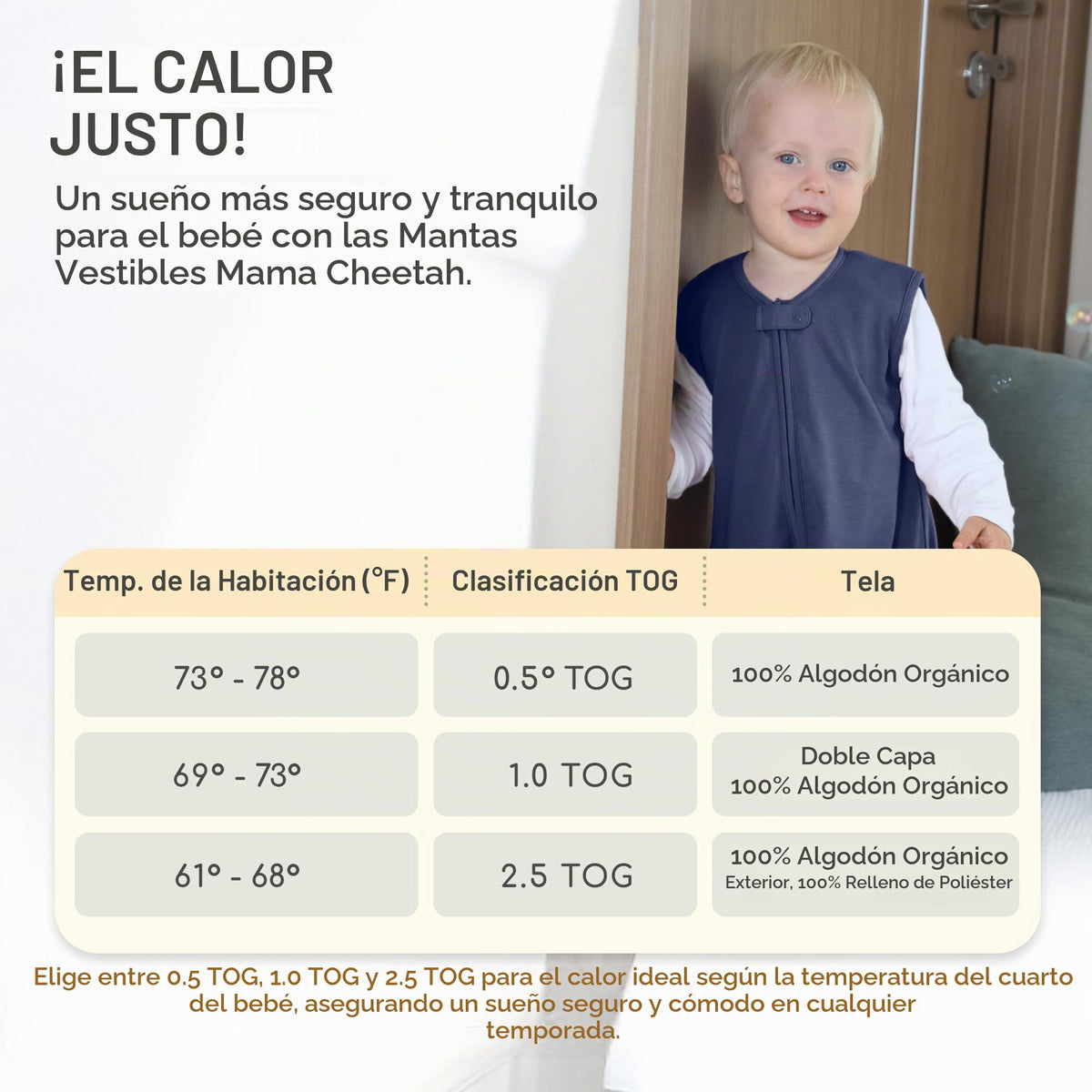 Mama Cheetah Saco de dormir para bebé con pies, 0,5 tog, saco de dormir de verano, algodón orgánico, sin mangas, saco de dormir para bebé, con perneras, para bebés, niños y niñas, 80 cm (altura del
