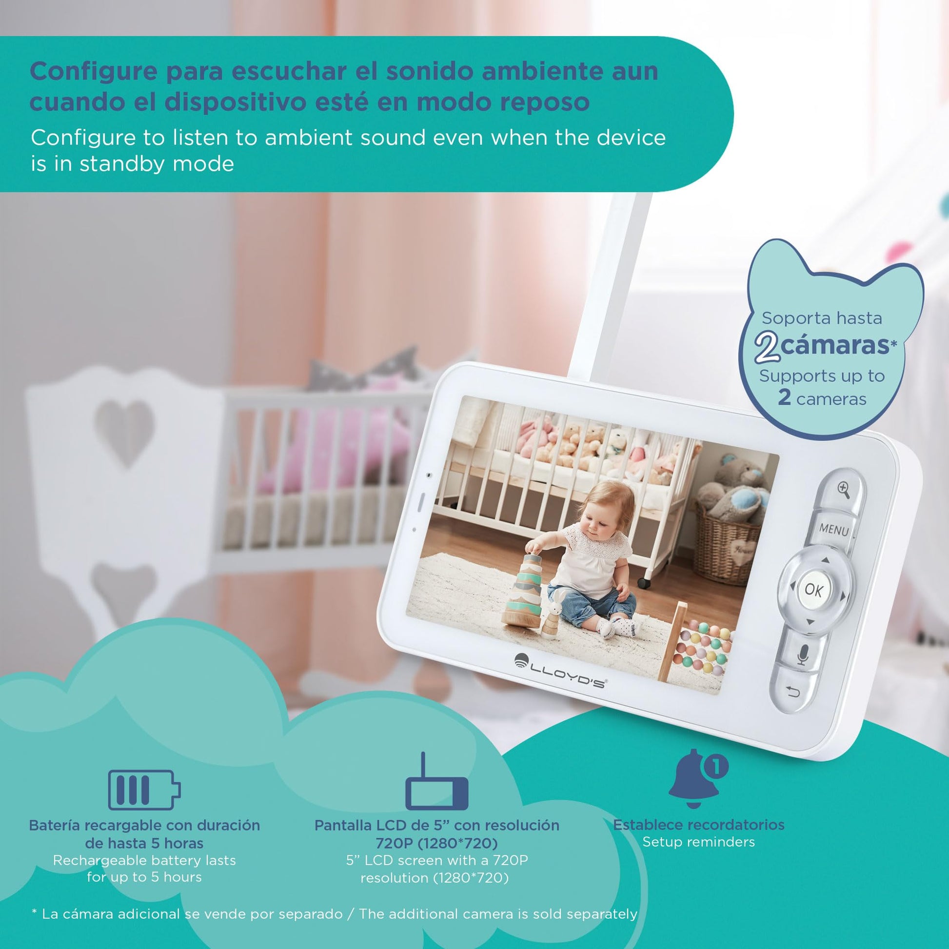 Lloyd's Cámara con Monitor para bebés. Monitoreo y Control Desde su Smartphone. Alertas por detección de Movimiento, de Sonido o por llanto de bebé. 3 melodías de Cuna