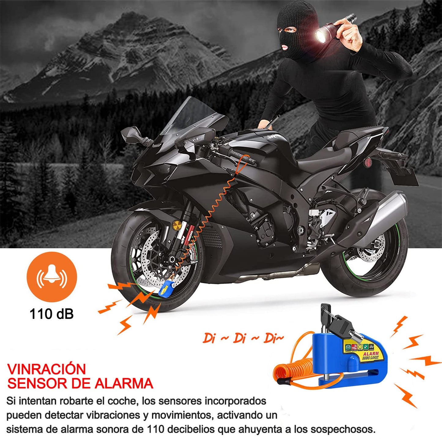 Cerradura de alarma de la motocicleta Alarma de disco de freno de la motocicleta Alarma de seguridad antirrobo a prueba de agua 110 decibelios de sonido de alarma con 4,3 pies de cable de alarma Adecuado para scooters Motocicletas azul
