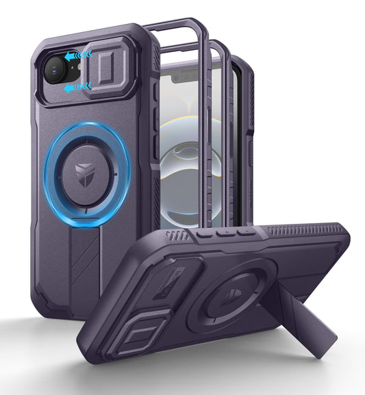 Dexnor Funda para iPhone 16E con Cubierta Deslizante para cámara, Soporte Ajustable y Protector de Pantalla Incorporado, Funda Resistente a Golpes y Robusta