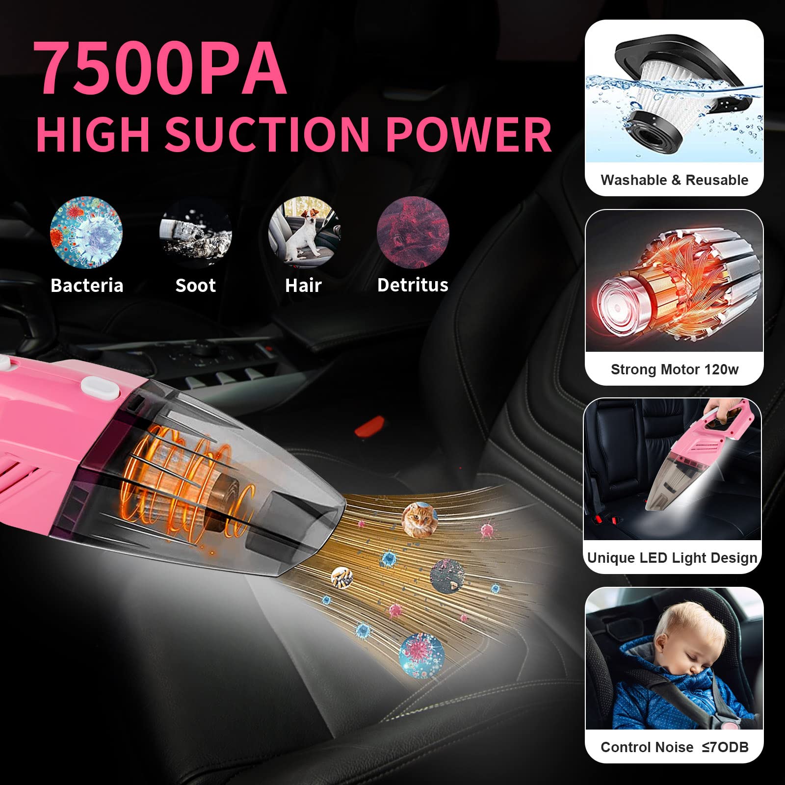 HORDALOR - Kit de detalles de interior de coche, 16 piezas de kit de limpieza de coche con aspiradora de mano de alta potencia, juego de cepillos de detalles, gel de limpieza, herramienta de limpieza