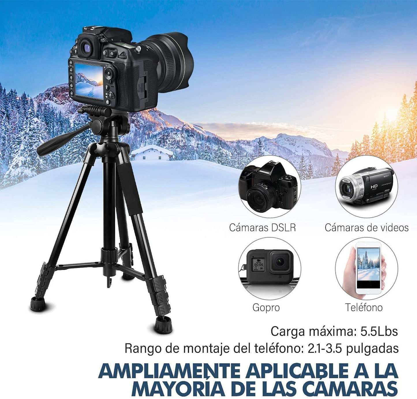 Trípode de Cámara MTQ Aluminio Portátil 2-en-1 con Rotación de 360 Grados para Cámara y Monopié