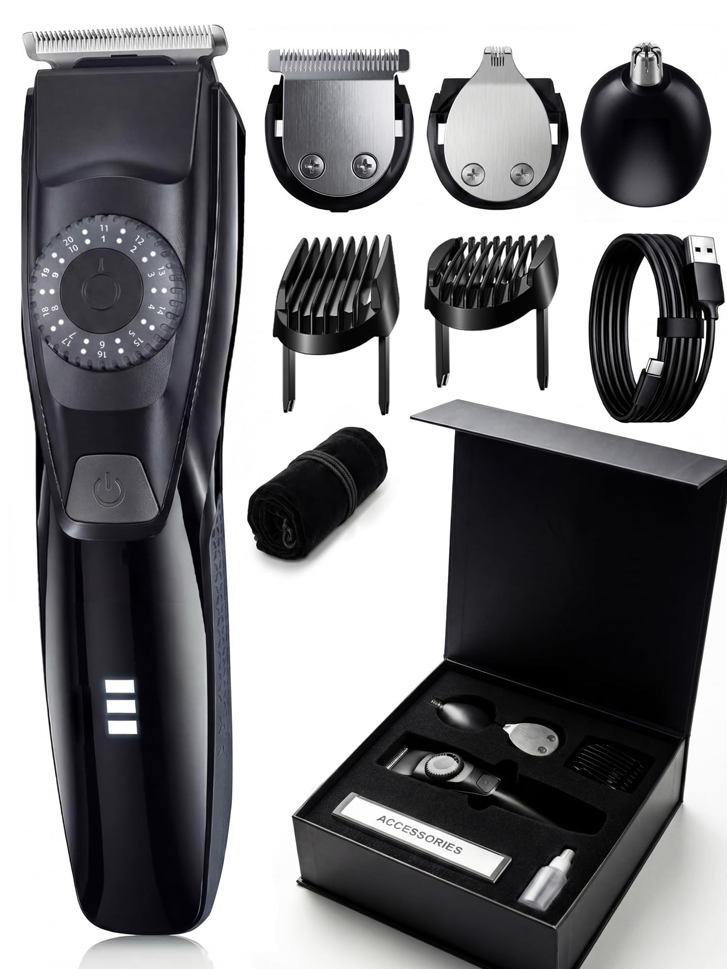 Voukad - Cortadora eléctrica de barba de 40 precisiones para hombres, para barba, bigote, pelo de cara y oreja, cortadora multiserie, impermeable, carga USB C, bolsa suave (gris + negro)