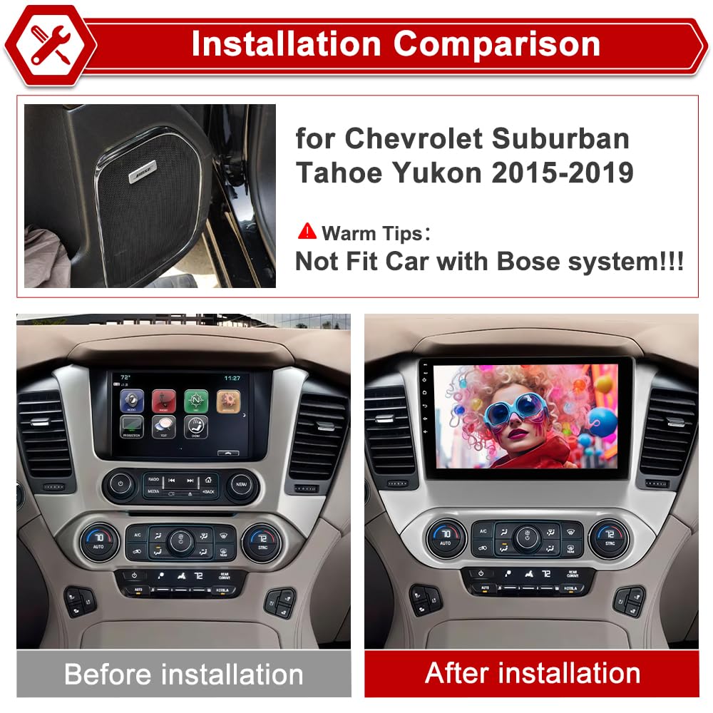[4 GB+64 GB] Radio estéreo para coche Chevrolet Suburban Tahoe Yukon 2015-2019 | Android 15 | Octa-Core 10.1 pulgadas visualización táctil | CarPlay inalámbrico y Android Auto | GPS WiFi Bluetooth |