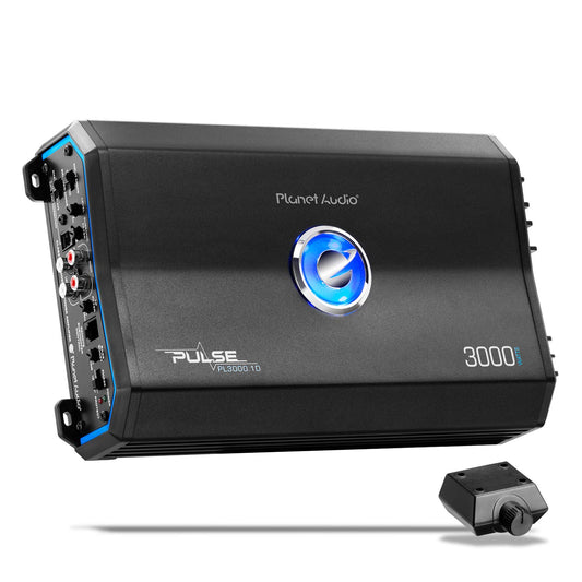 Amplificador Monobloque Planet Audio Pulse, 3000 Vatios, Clase A/B Estable, con Control Remoto de Subwoofer para Coche