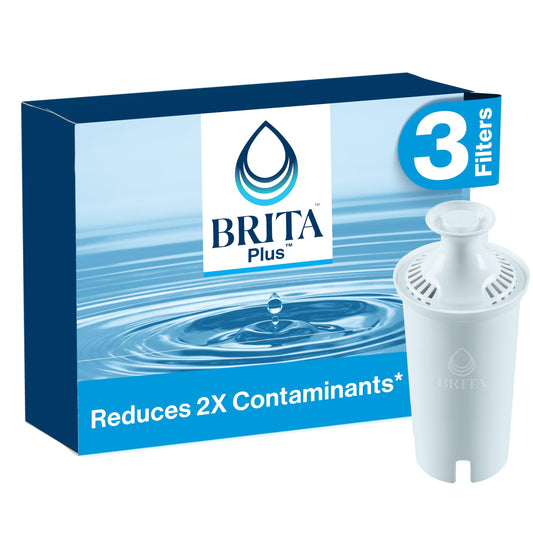 Brita Plus Filtro de agua, sin BPA, filtro de repuesto de alta densidad para jarras y dispensadores, reduce 2 contaminantes*, dura dos meses o 40 galones, incluye 3 filtros