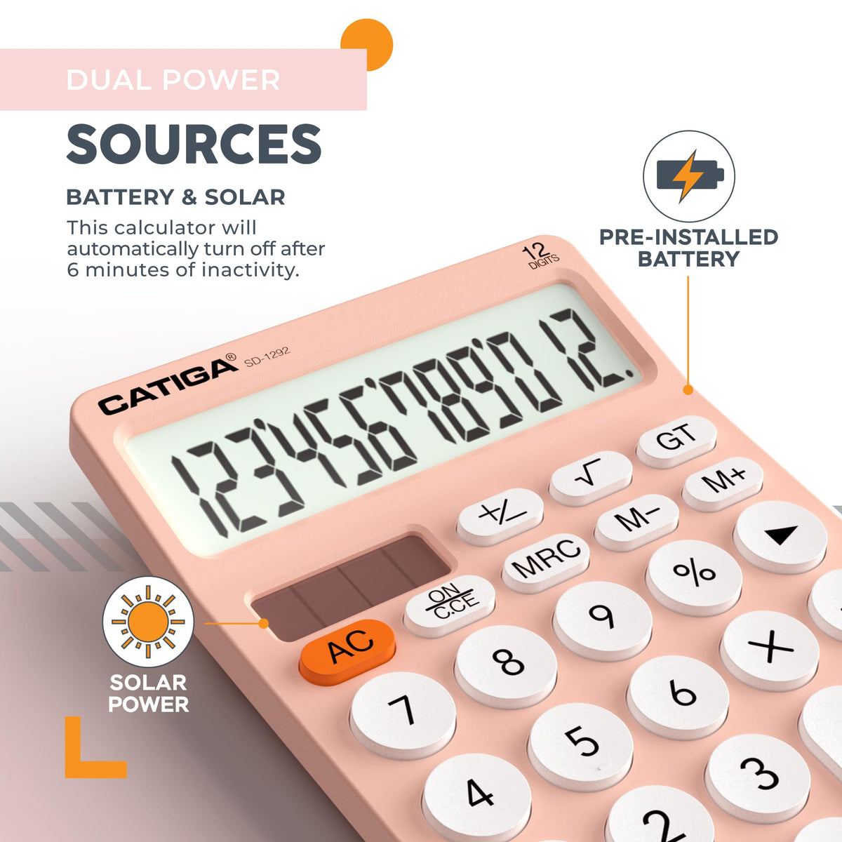 Calculadora Básica CATIGA Negro Pantalla LCD Grande 12 Dígitos para Oficina, Escuela, Hogar