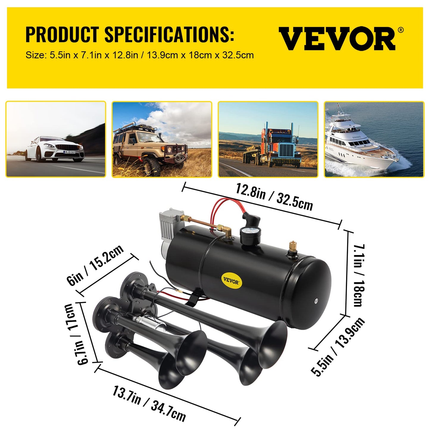 VEVOR Kit de bocinas de tren de 150 dB, 4 trompetas súper fuertes con compresor de aire de 120 PSI 12 V, tanque compresor de aire para cualquier vehículo, camión, coche, Jeep o SUV (negro)