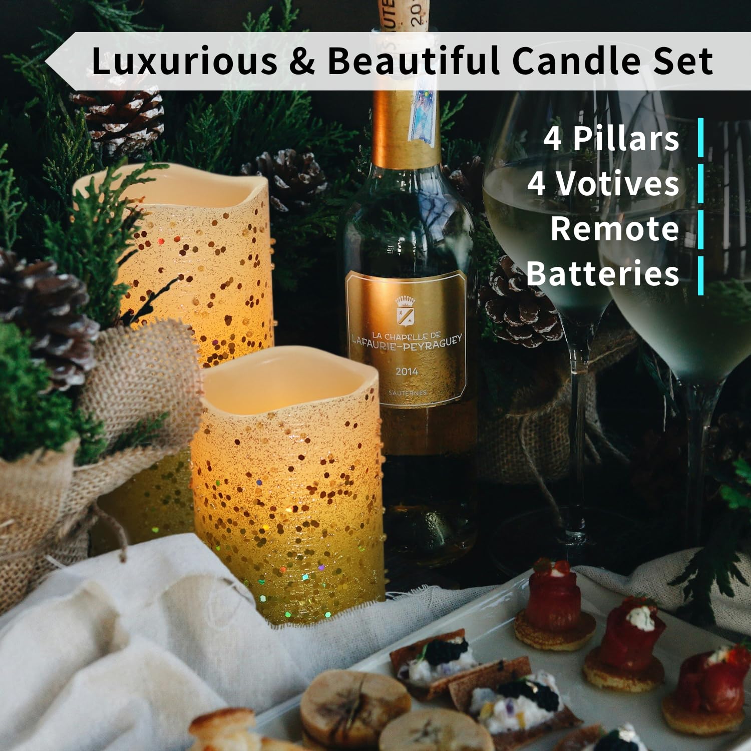 Furora LIGHTING Velas LED sin llama con mando a distancia, juego de 8, funciona con pilares y votivas de cera real, velas LED con llama parpadeante y temporizador, borde dorado…