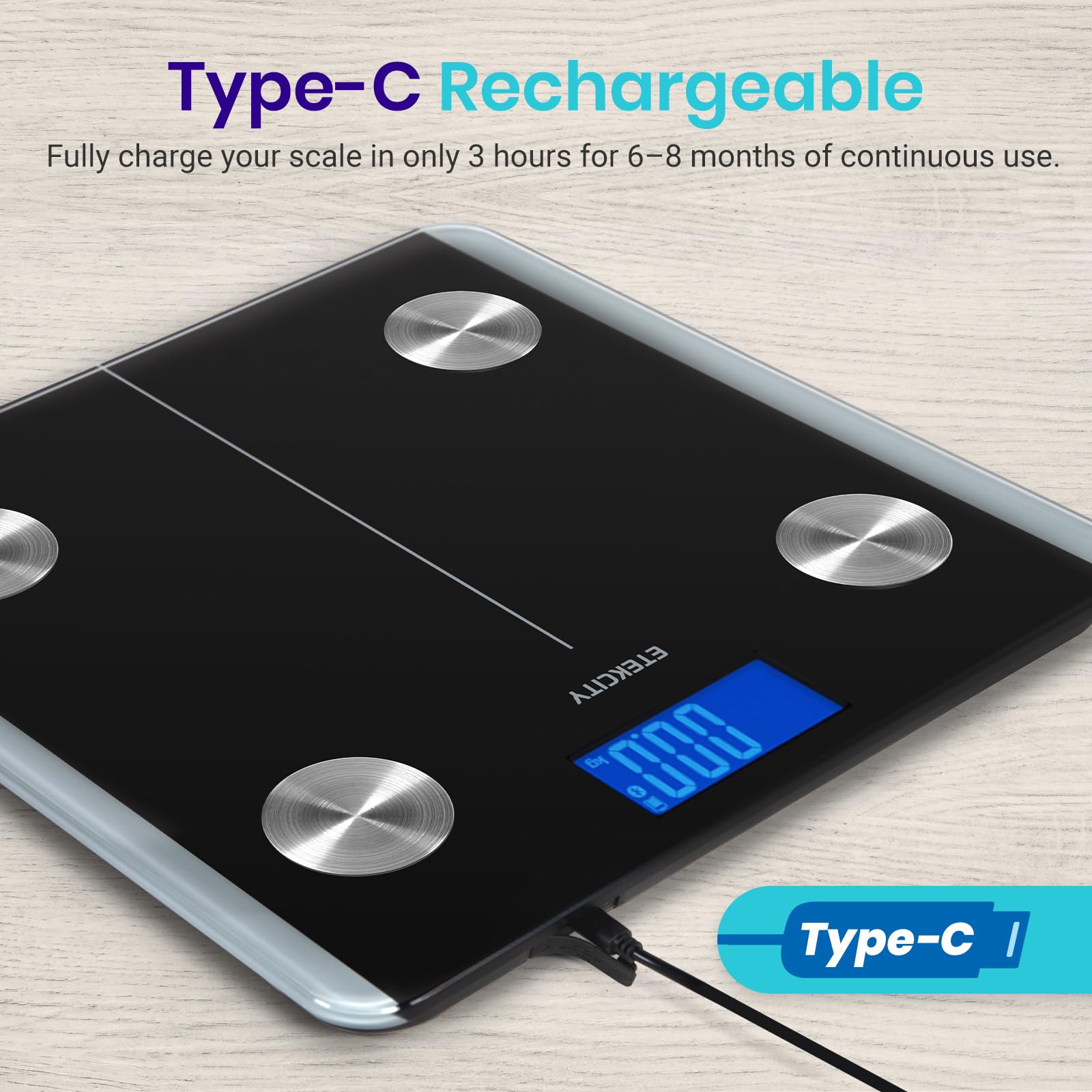 Etekcity Báscula digital de peso corporal, analizador de grasa corporal recargable con Bluetooth inteligente que realiza 2 composiciones clave, 400 libras, negro, 1 unidad