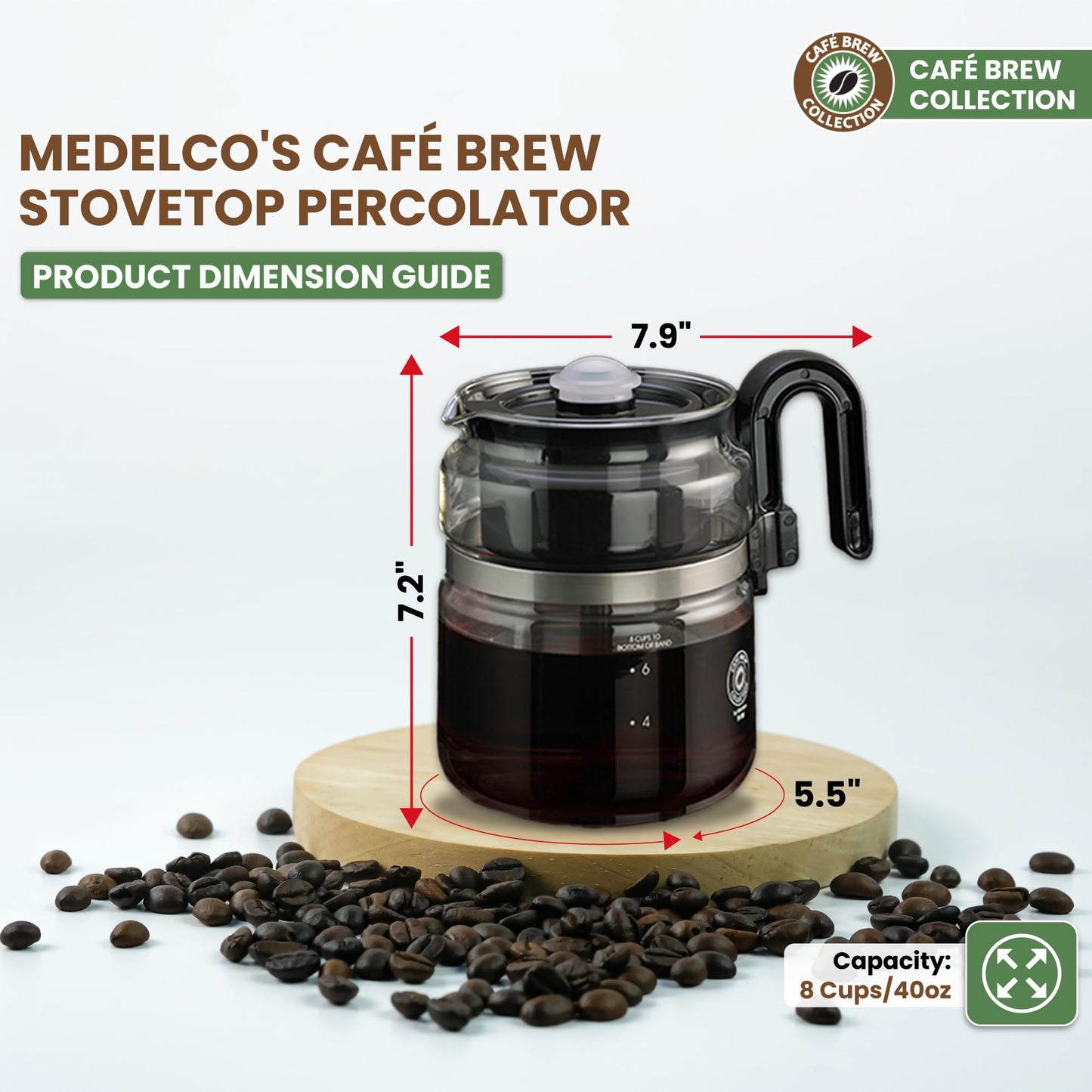 Café Brew Collection - Cafetera de vidrio de 8 tazas - Percolador de café de vidrio borosilicato, sin BPA, apto para lavaplatos, preparación en rangos eléctricos y de gas