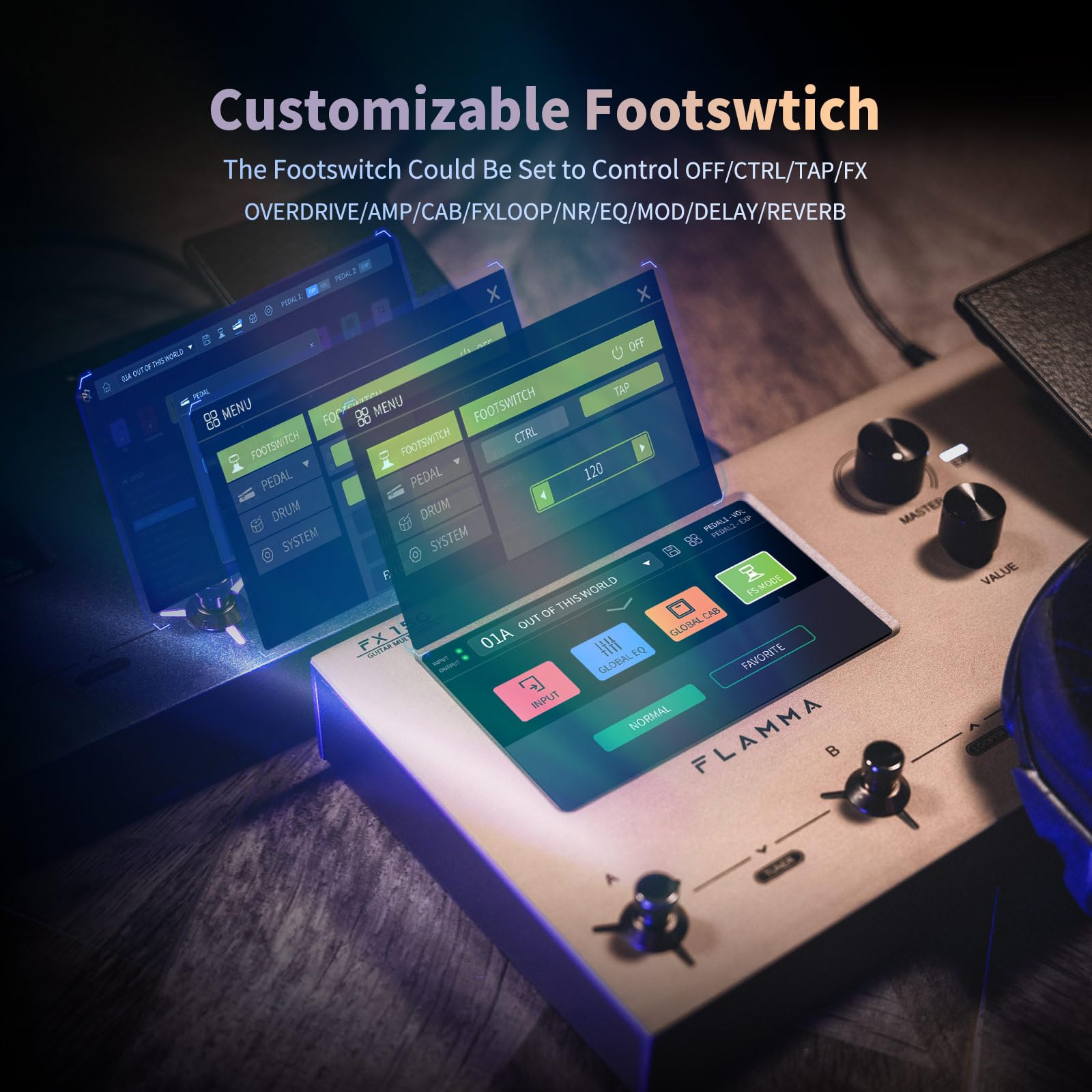 Pedal de Guitarra Eléctrica FLAMMA FX150 multiefectos con Pantalla Táctil y Amplificador de Modelado