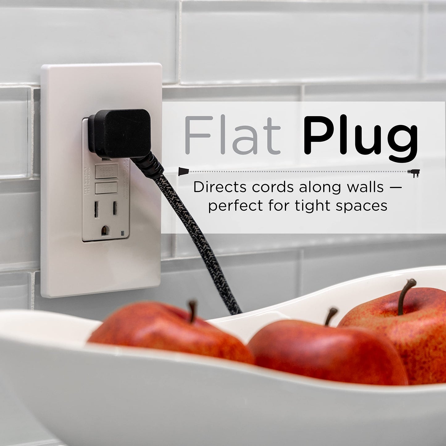 Cordinate Designer, Extension Electrica de 3 salidas polarizadas, Cable Trenzado de 2.4 m (8 pies), Sistema de Seguridad para Trabar, Enchufe Plano, Certificacion ETL, Negro/Gris, 1 paquete, 42841-T1