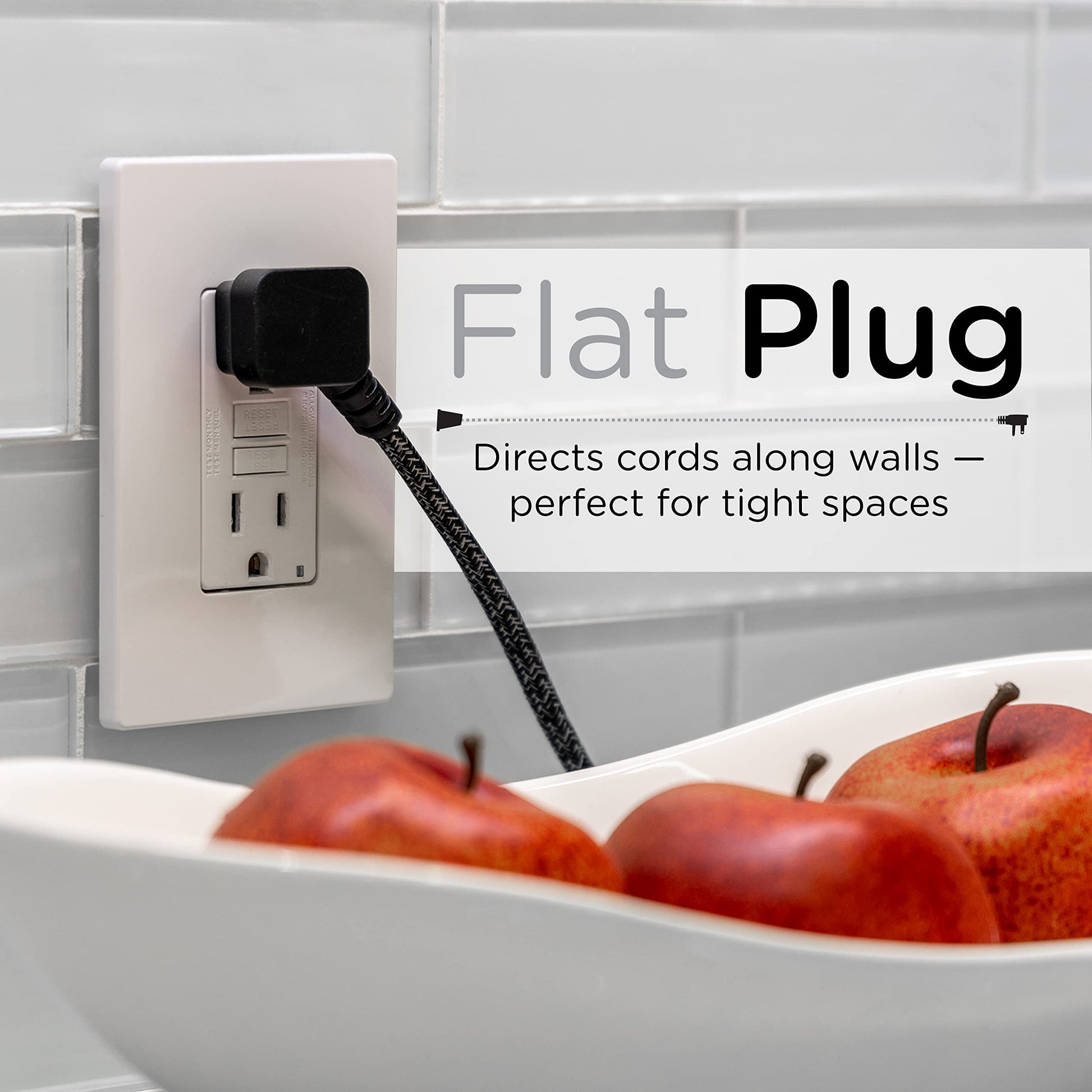 Cordinate Designer, Extension Electrica de 3 salidas polarizadas, Cable Trenzado de 2.4 m (8 pies), Sistema de Seguridad para Trabar, Enchufe Plano, Certificacion ETL, Negro/Gris, 1 paquete, 42841-T1