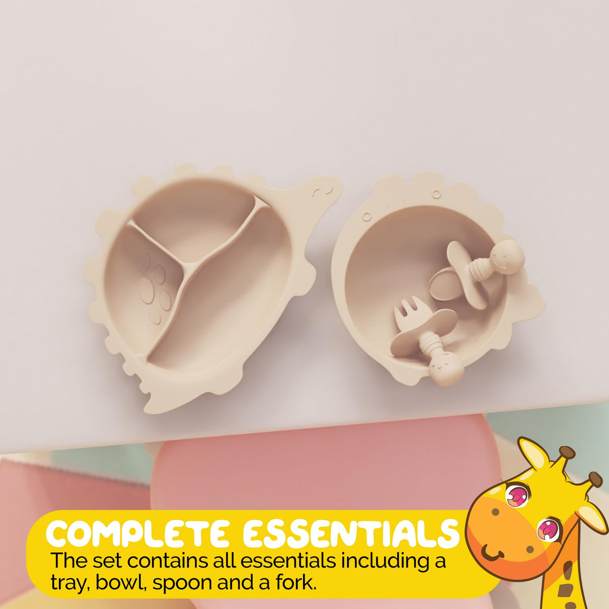 Muqee Peeko - Esencial de alimentación de bebé de silicona para niños pequeños en vainilla cálida con suministros de destete LED, incluyendo cuencos de bebé, platos de bebé y utensilios de silicona