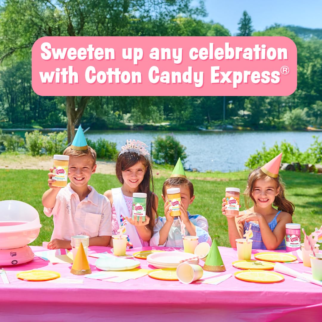 Cotton Candy Express Paquete variado de azúcar de hilo dental con tarros de plástico de 3 a 11 onzas de cereza, frambuesa azul y azúcar de uva más 50 conos de algodón de papel