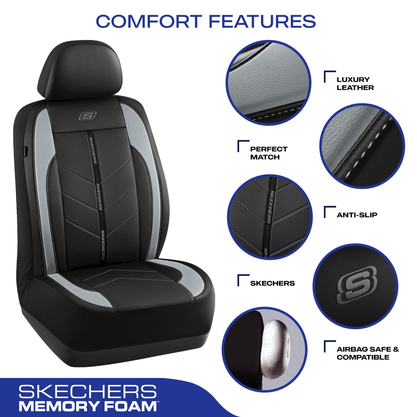 Skechers Fundas de asiento de coche, lujosas fundas de asiento de cuero sintético, protector de asiento de coche impermeable antideslizante para asientos delanteros, accesorios de coche compatibles