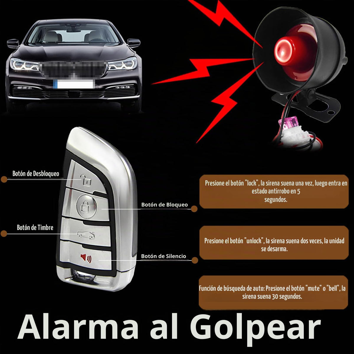 Alarma de Coche Chadwick Universal 12 V con Sensibilidad de 7 Niveles y 2 Controles Remotos