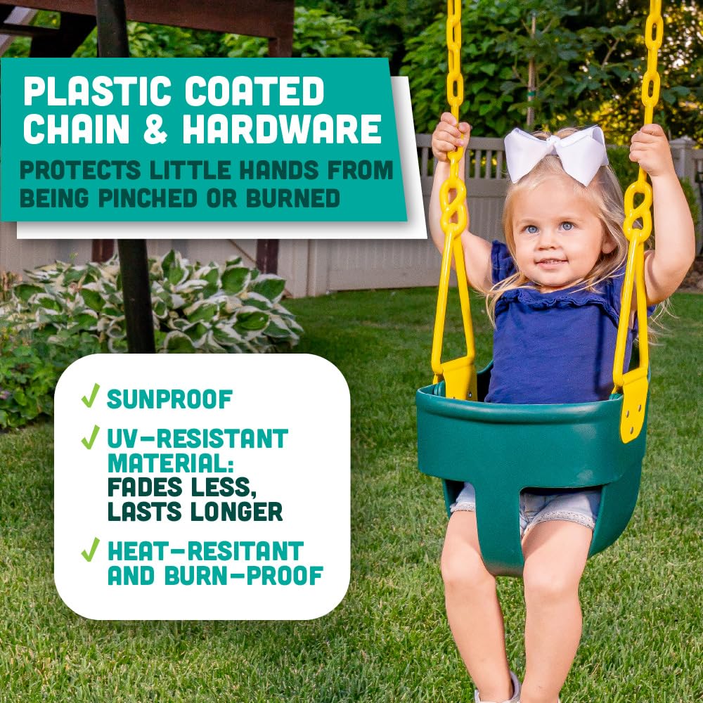 Asiento Oscilante de Alta Calidad con Respaldo Alto para Niños Pequeños Verde con Cadenas Revestidas de Plástico y Mosquetones para Fácil Instalación