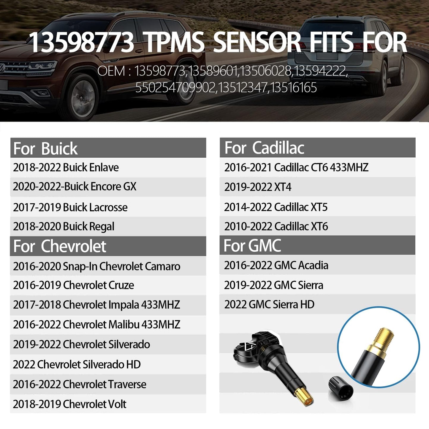 GEARMEISTER Sensor Tpms, sensor de presión de neumáticos de 433 MHZ para Chevrolet/Buick/Cadillac/GMC Acadia Sierra 2016-2022, sensores TPMS preprogramados 13598773 13589601 13506028 1359422 4 piezas