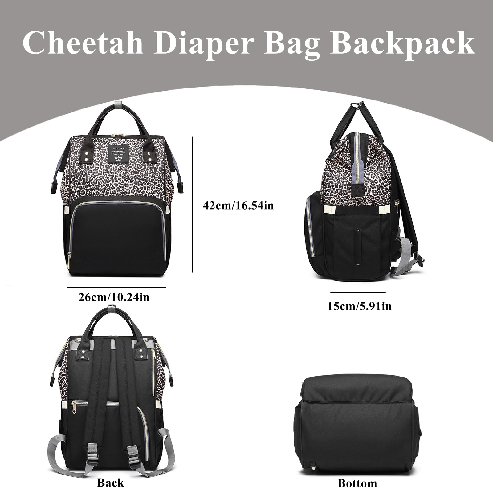 Bolsas de pañales con estampado de leopardo, multifuncional, bolsa de pañales para cuidado del bebé, mochila de viaje, gran capacidad, café
