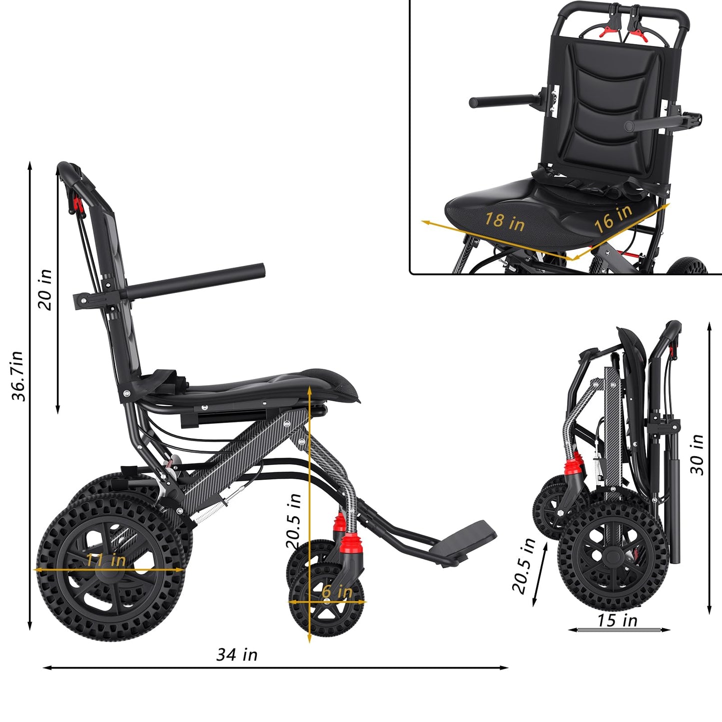 Hopelight (Asiento de 18" de ancho) Silla de ruedas de transporte ergonómica y liviana para personas mayores y adultos, sillas de ruedas de viaje de tránsito plegables y portátiles para todo terreno