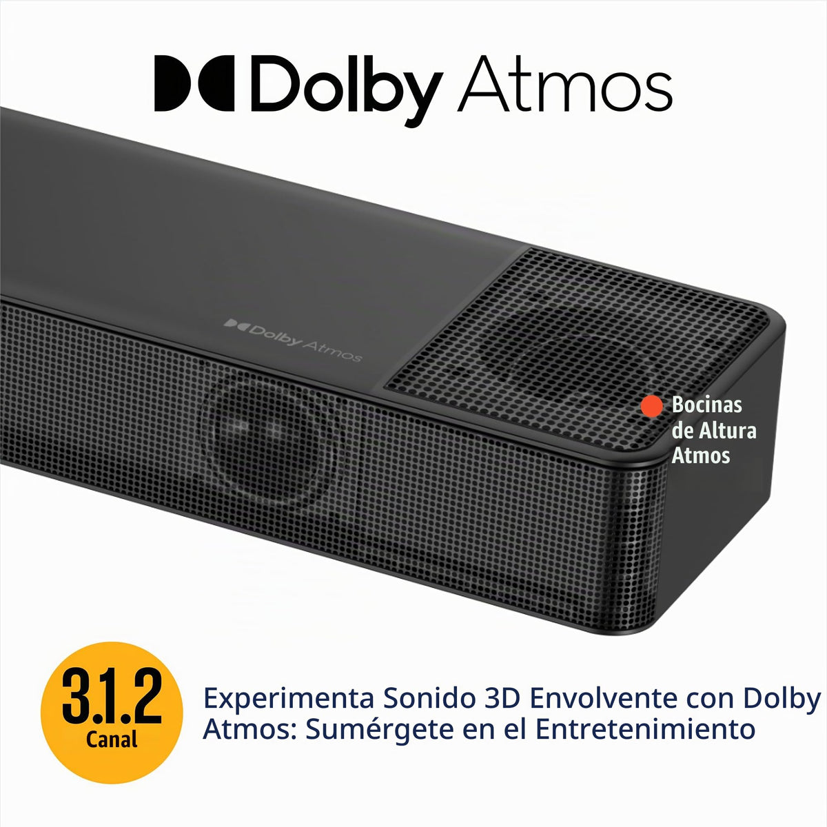 Barra de Sonido Westinghouse Negra con Dolby Atmos y Altavoces de Altura, 3.1.2 Canales, 210 W, Bluetooth, eArc, HDMI