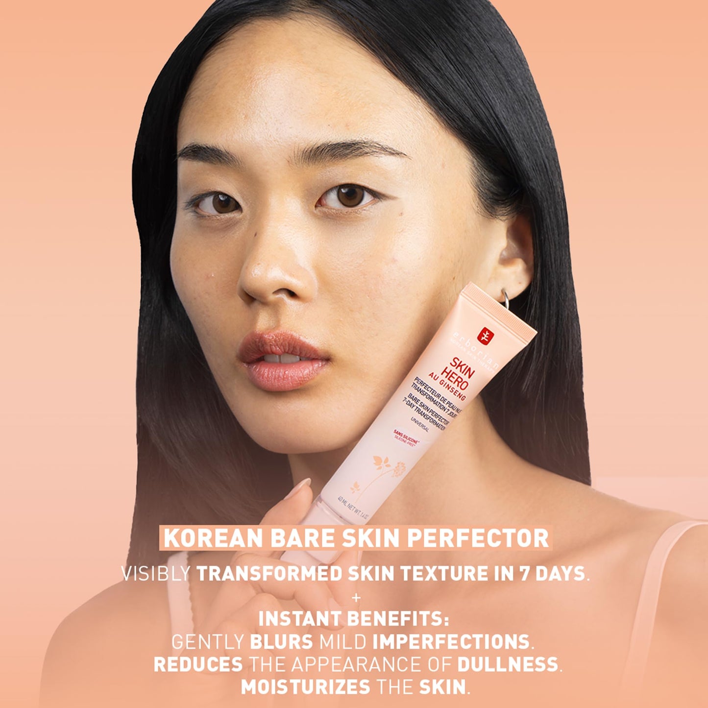 Erborian Skin Hero con ginseng blanco, cuidado facial sin teñir para perfeccionar la piel desnuda de 7 días con ácido hialurónico, cuidado facial cosmético coreano, 15 ml