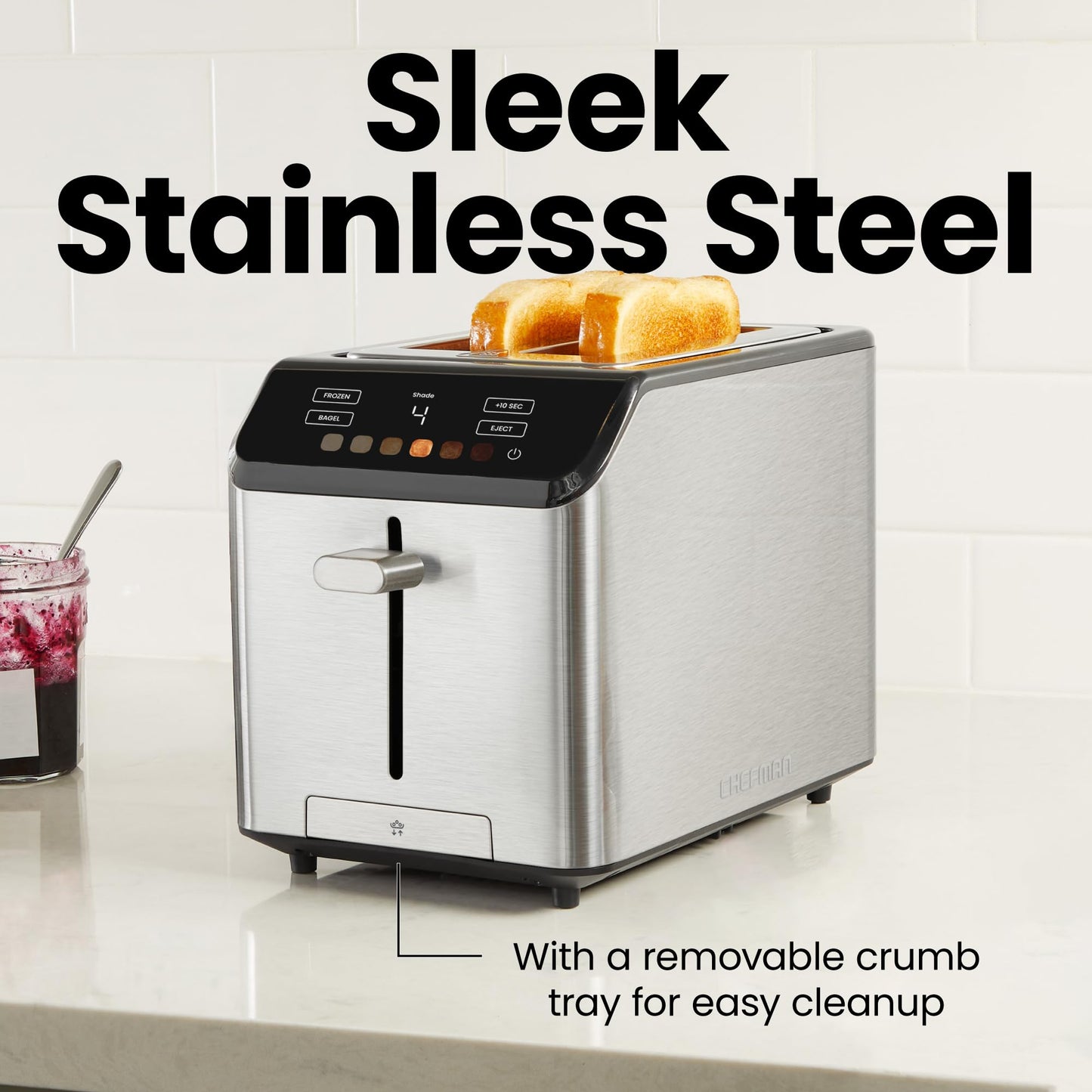 Chefman tostador digital Smart Touch de 2 rebanadas, 6 ajustes de sombra, controles de visualización táctil, ranuras extra anchas para panes gruesos y bagels, + 10 segundos, descongelación, bandeja