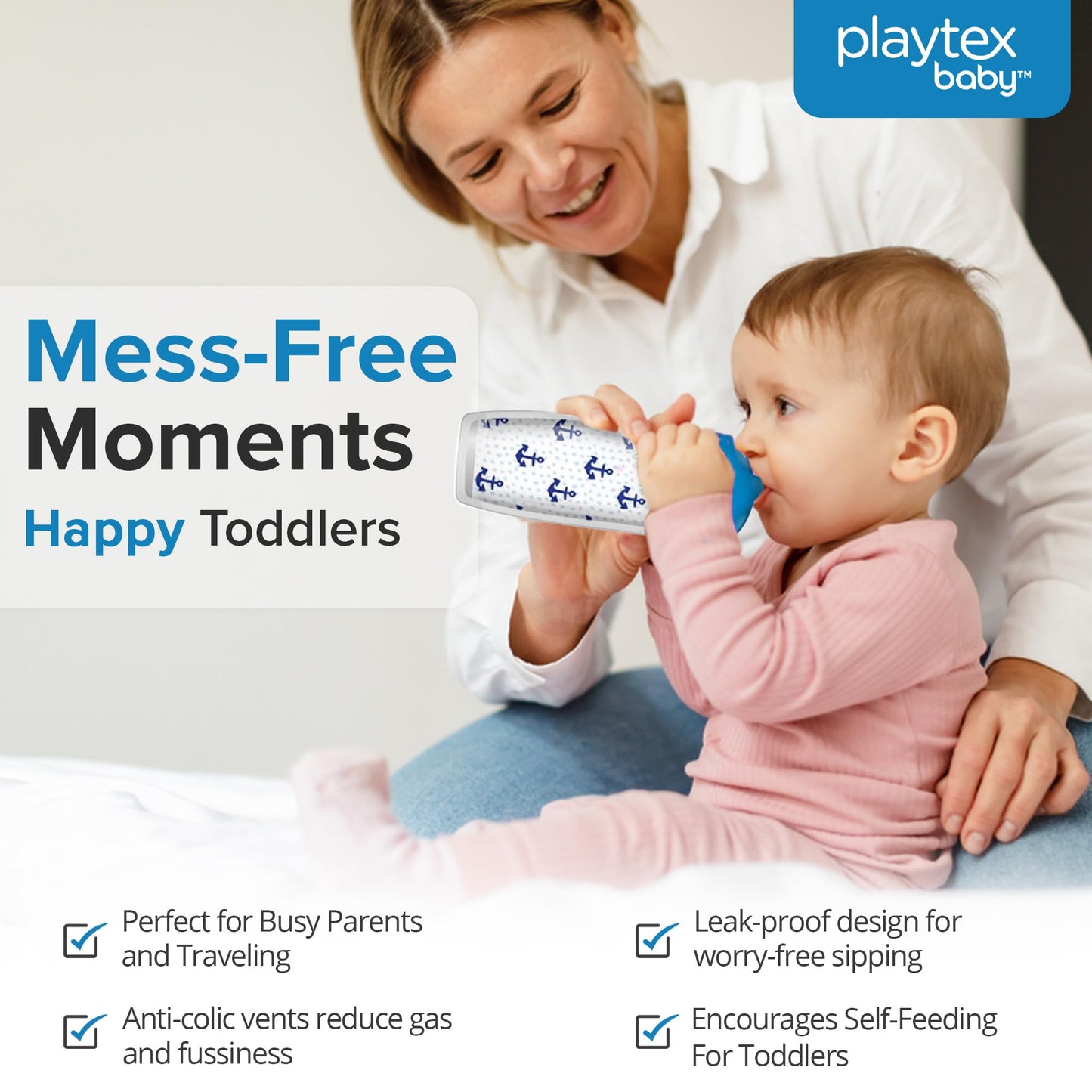 Playtex Baby Sipsters - Taza dura para beber para más de 12 meses, 266 ml (2 unidades), diseño de ancla azul y velero, botella de agua aislada para niños, tazas a prueba de derrames para niños
